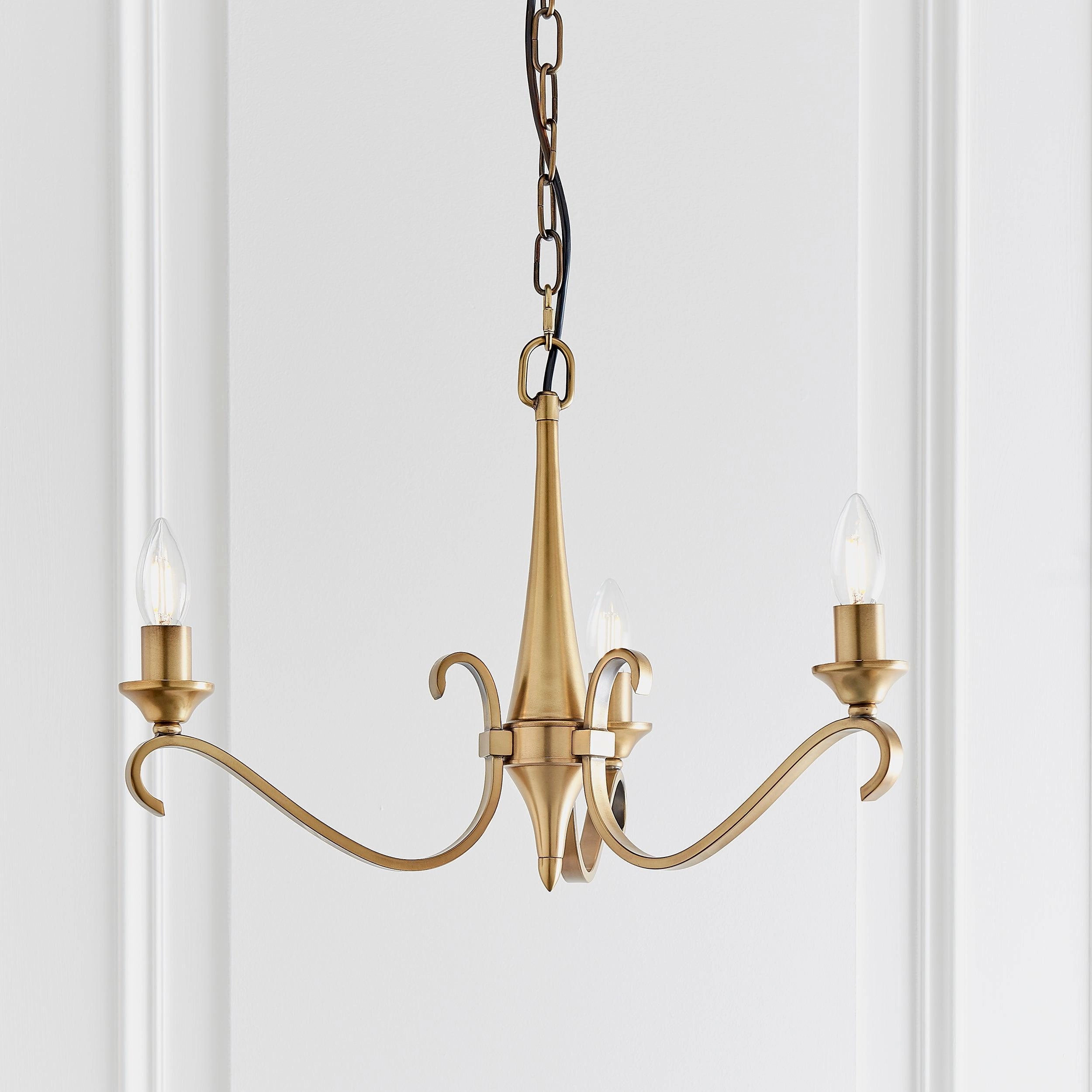 Columbia 3 Antique Brass Chandelier - Feather Glass Shades