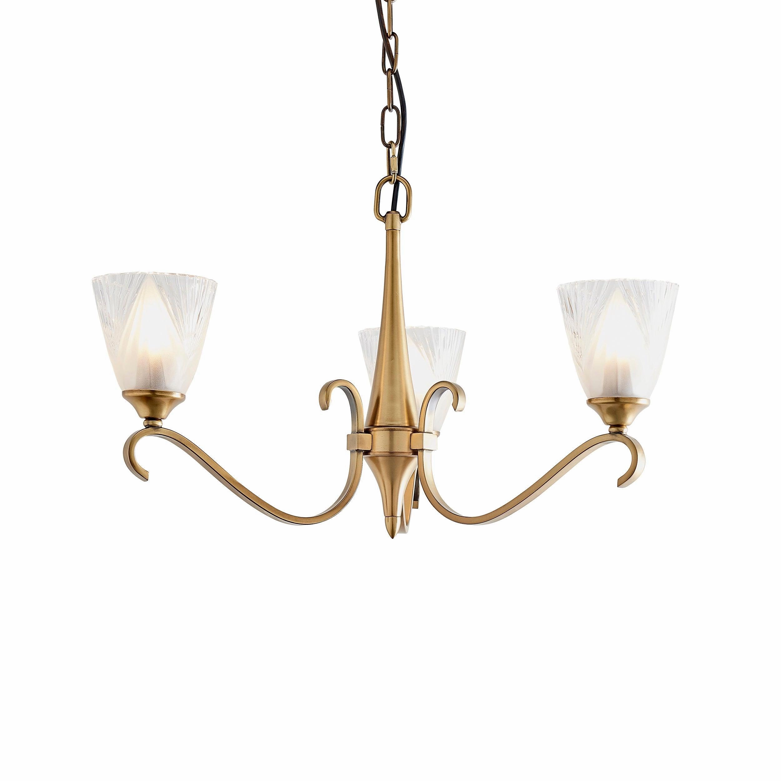 Columbia 3 Antique Brass Chandelier - Feather Glass Shades