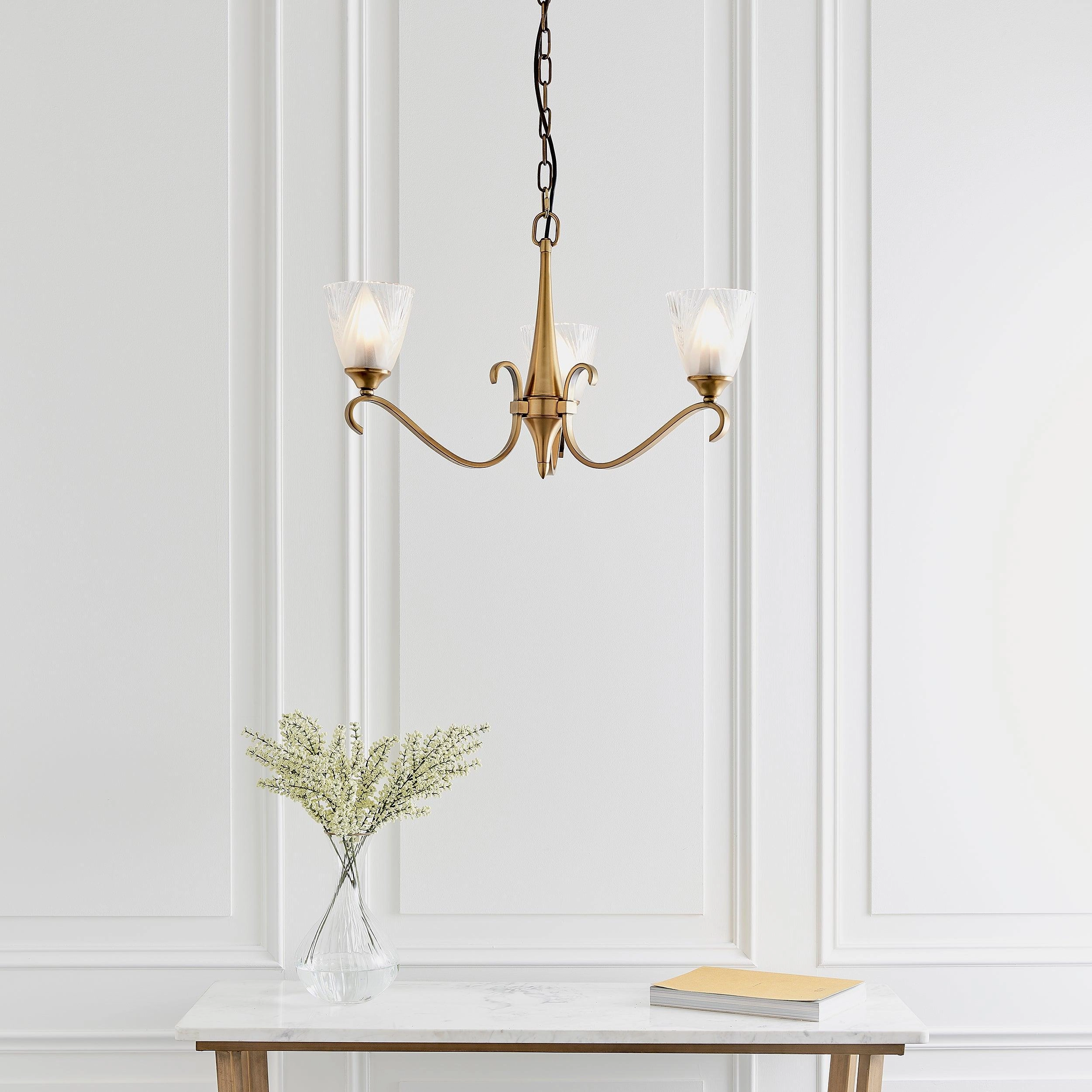 Columbia 3 Antique Brass Chandelier - Feather Glass Shades