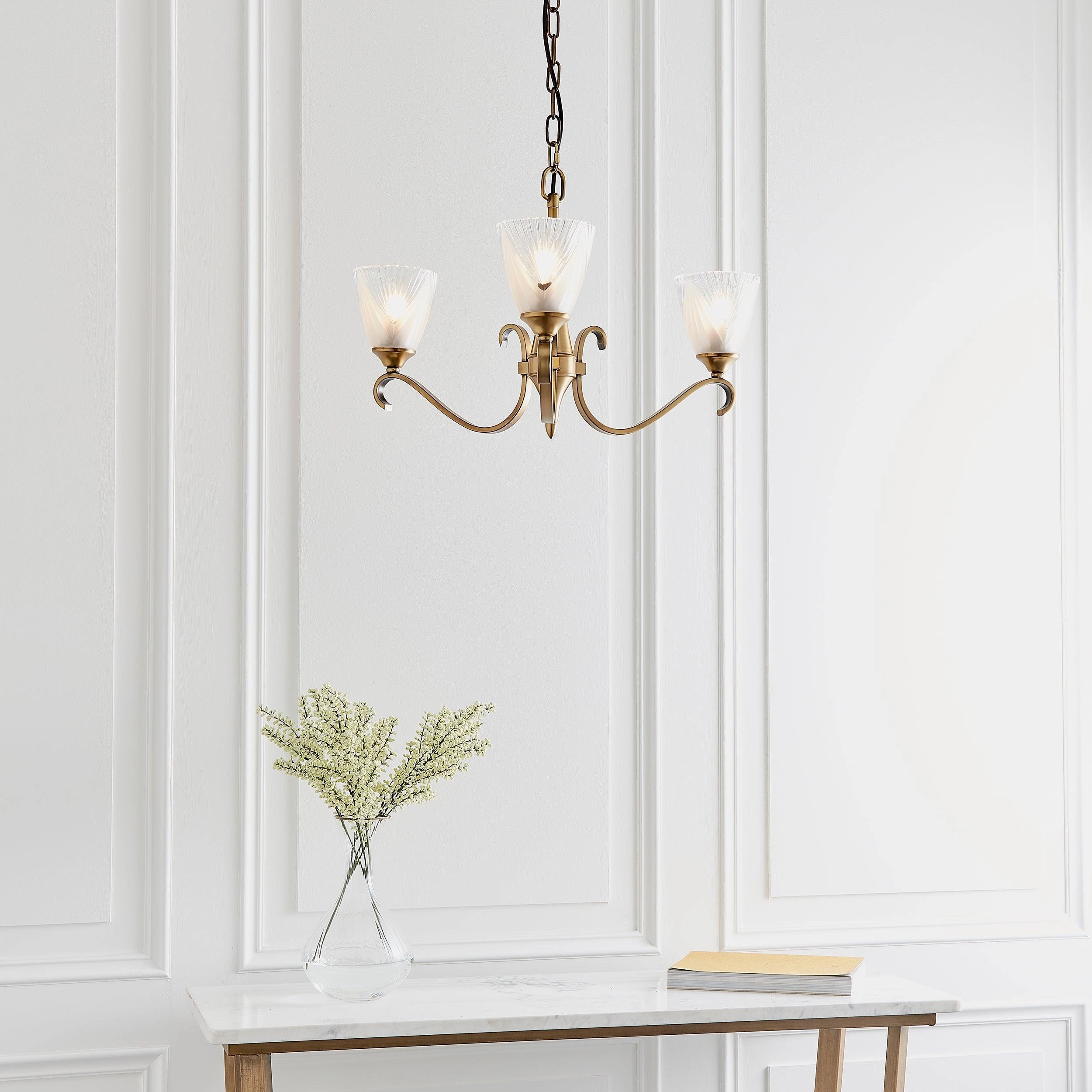 Columbia 3 Antique Brass Chandelier - Feather Glass Shades