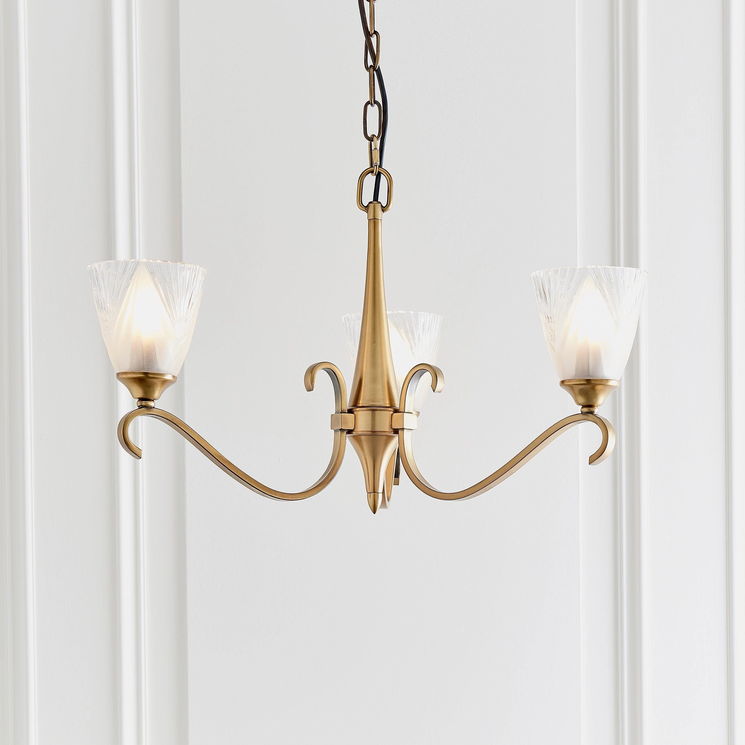 Columbia 3 Antique Brass Chandelier - Feather Glass Shades simple ceiling design light
