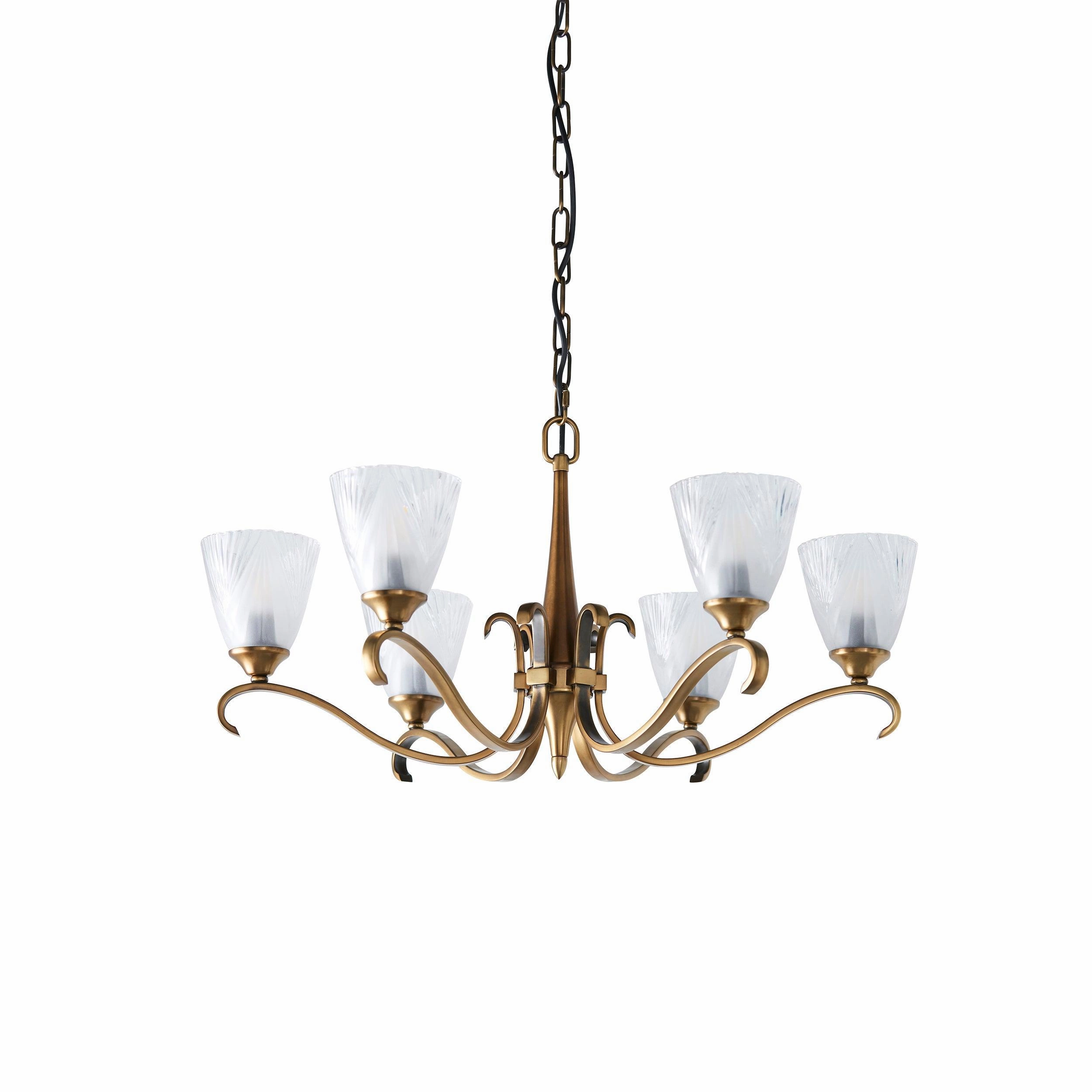 Columbia 6 Light Antique Brass Chandelier - Art Deco Shades