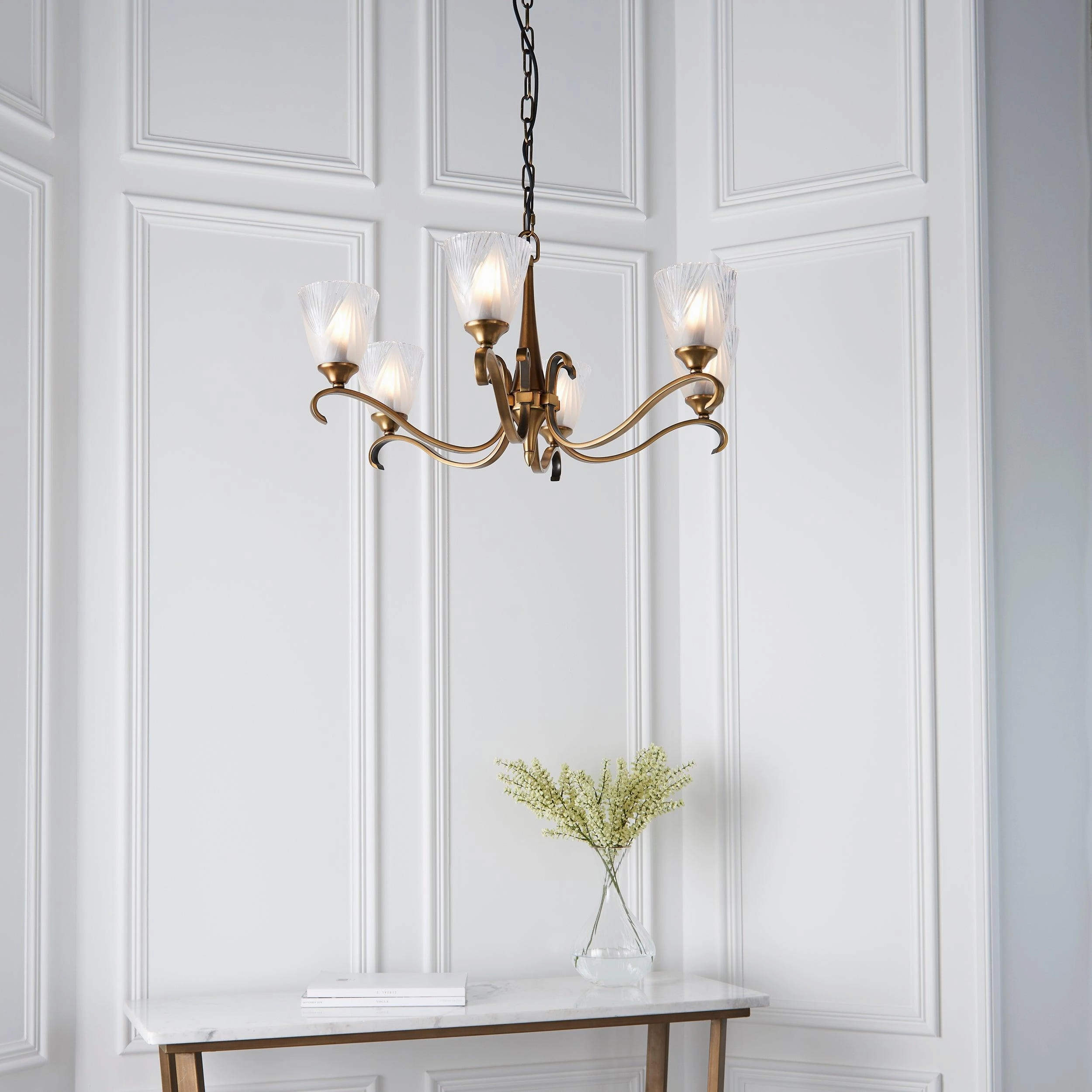 Columbia 6 Light Antique Brass Chandelier - Art Deco Shades