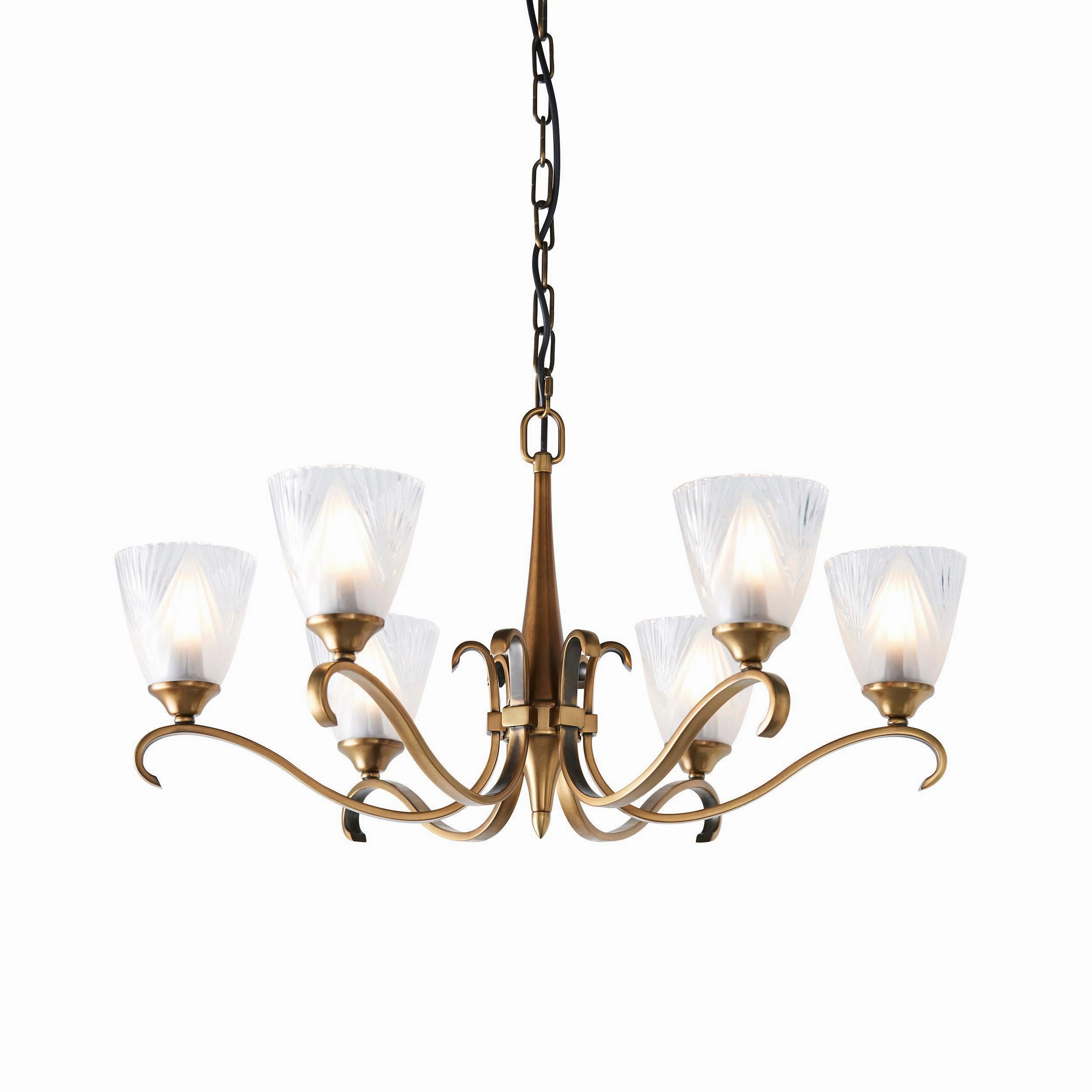 Columbia 6 Light Antique Brass Chandelier - Art Deco Shades
