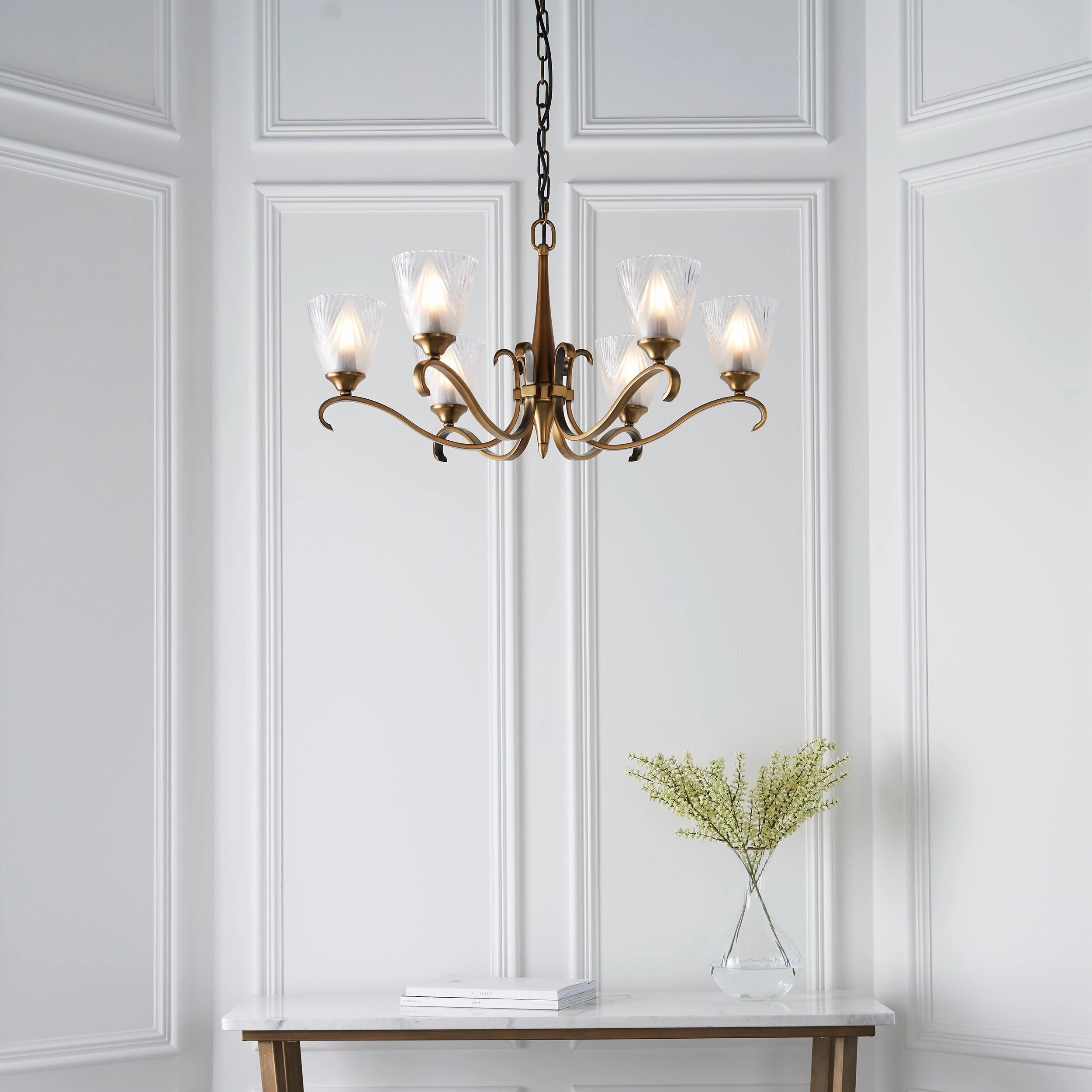 Columbia 6 Light Antique Brass Chandelier - Art Deco Shades