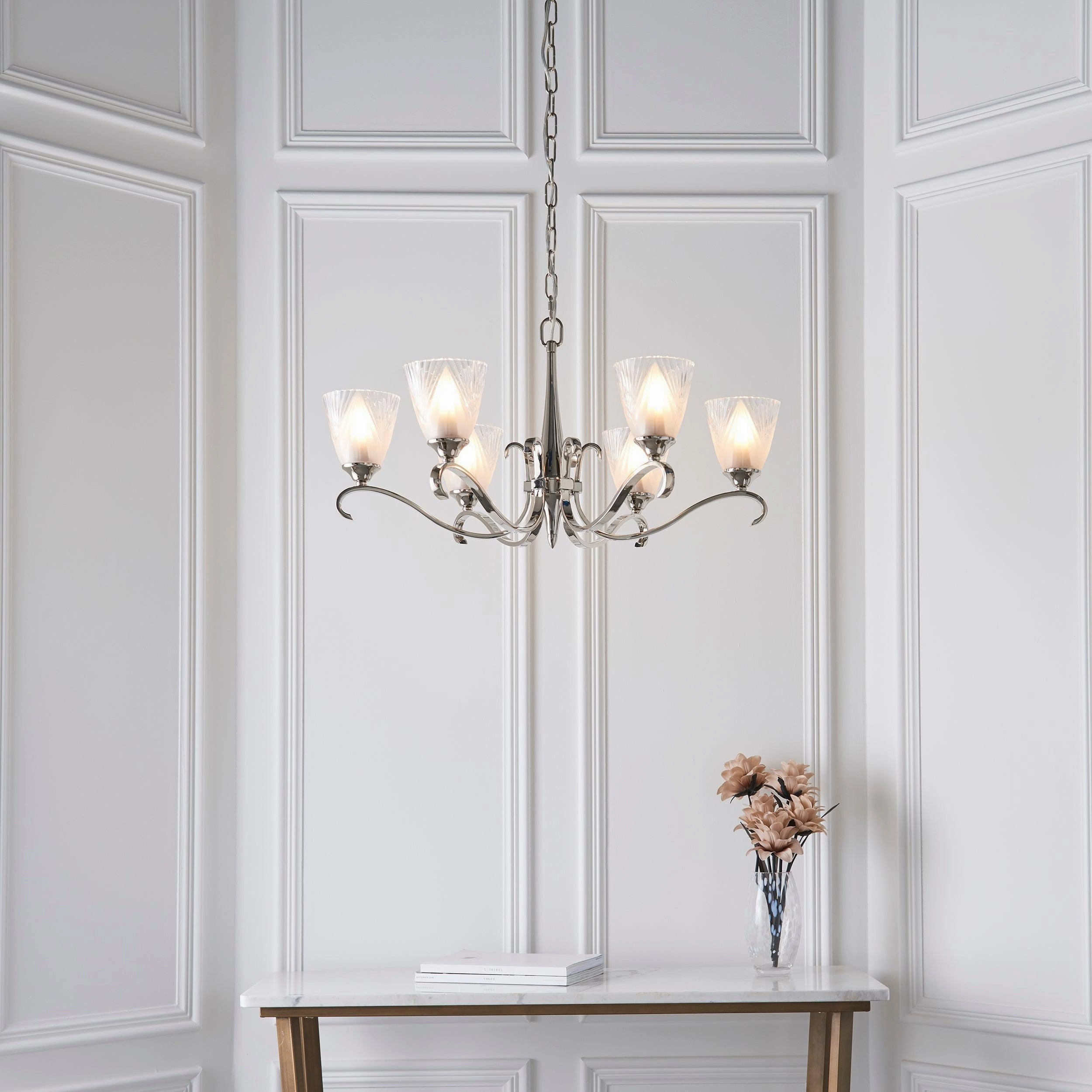 Columbia 6 Light Nickel Chandelier - Art Deco Glass Shade