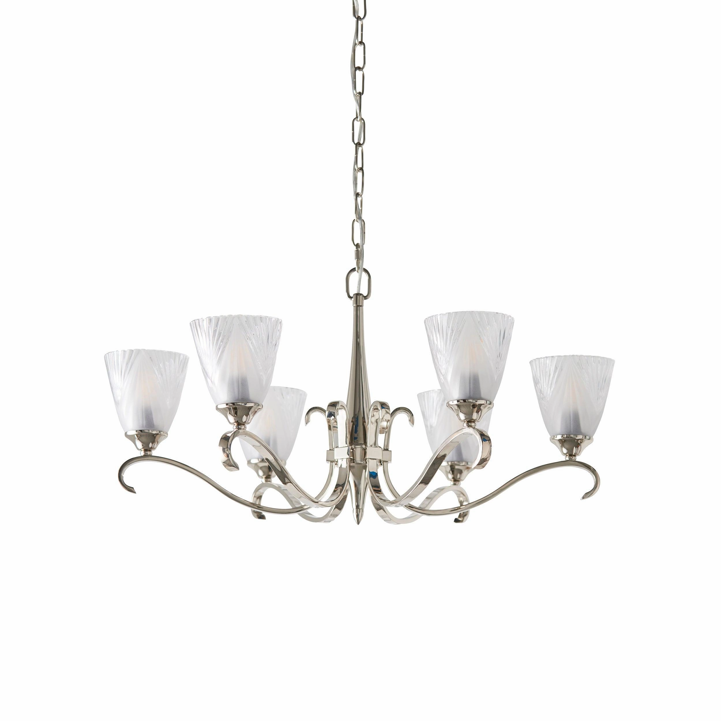 Columbia 6 Light Nickel Chandelier - Art Deco Glass Shade