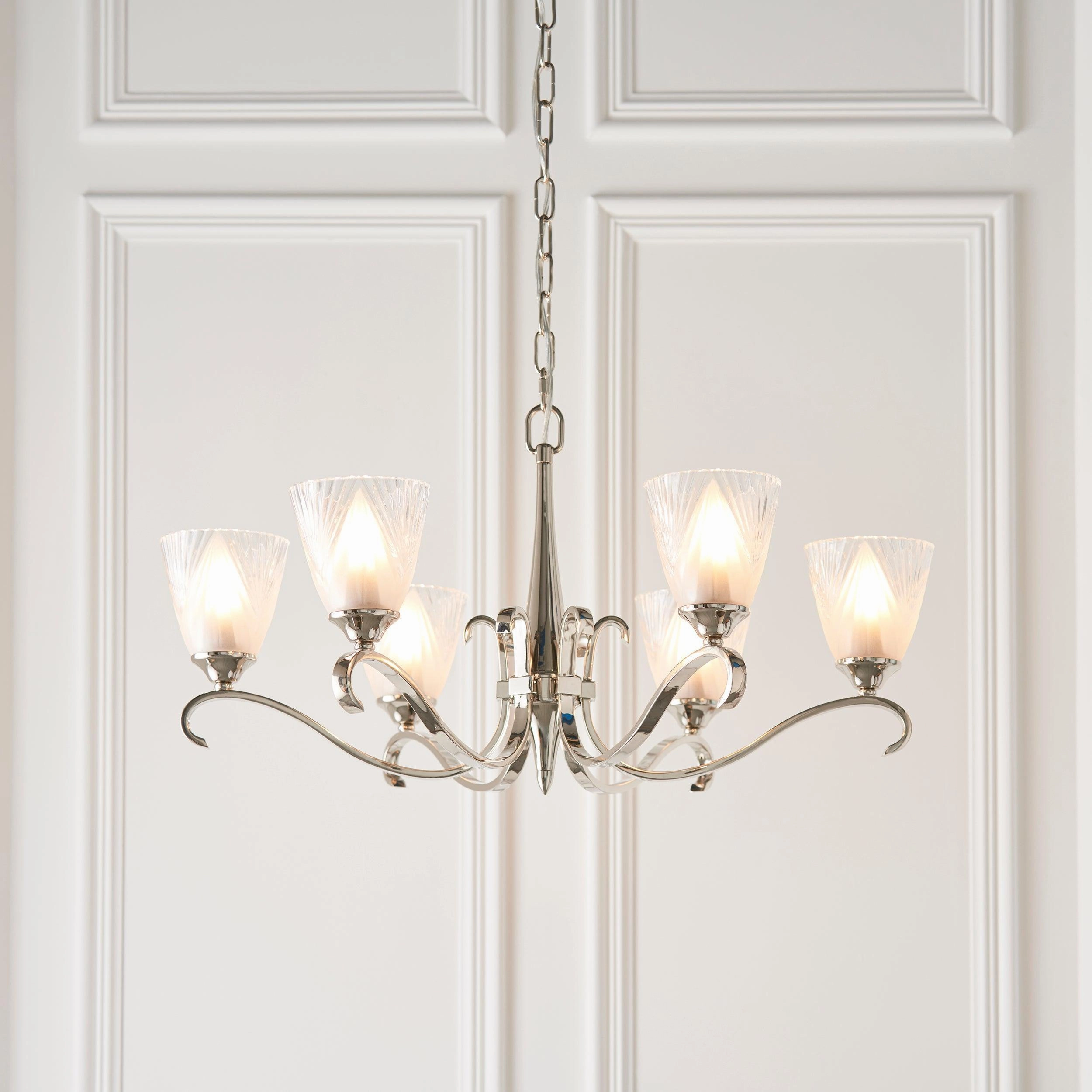 Columbia 6 Light Nickel Chandelier - Art Deco Glass Shade simple ceiling design light