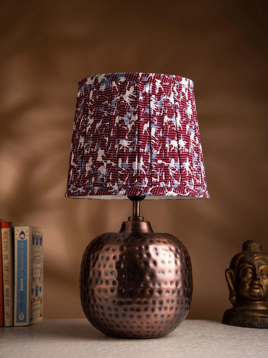 Copper Hammered Pot Lamp with Pleeted Multicolor Maroon Shade