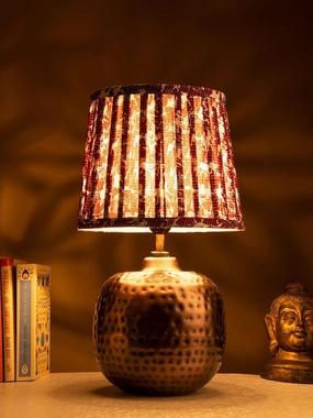 Copper Hammered Pot Lamp with Pleeted Multicolor Maroon Shade Louis Poulsen chandelier