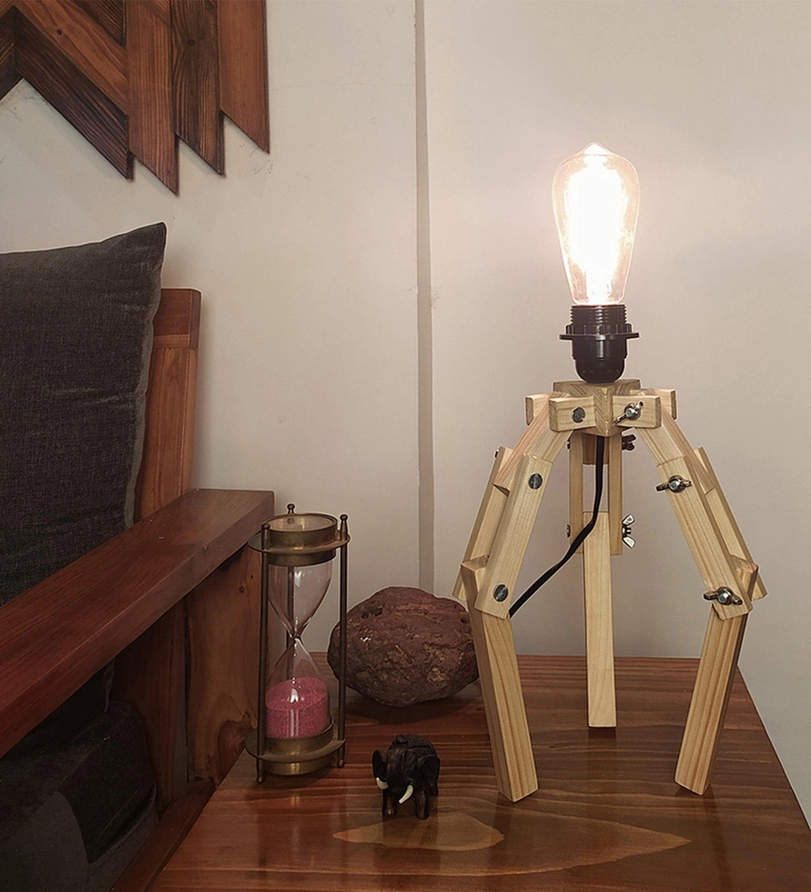 Crawler Beige Wooden Table Lamp with Black Fabric Lampshade (BULB NOT INCLUDED)