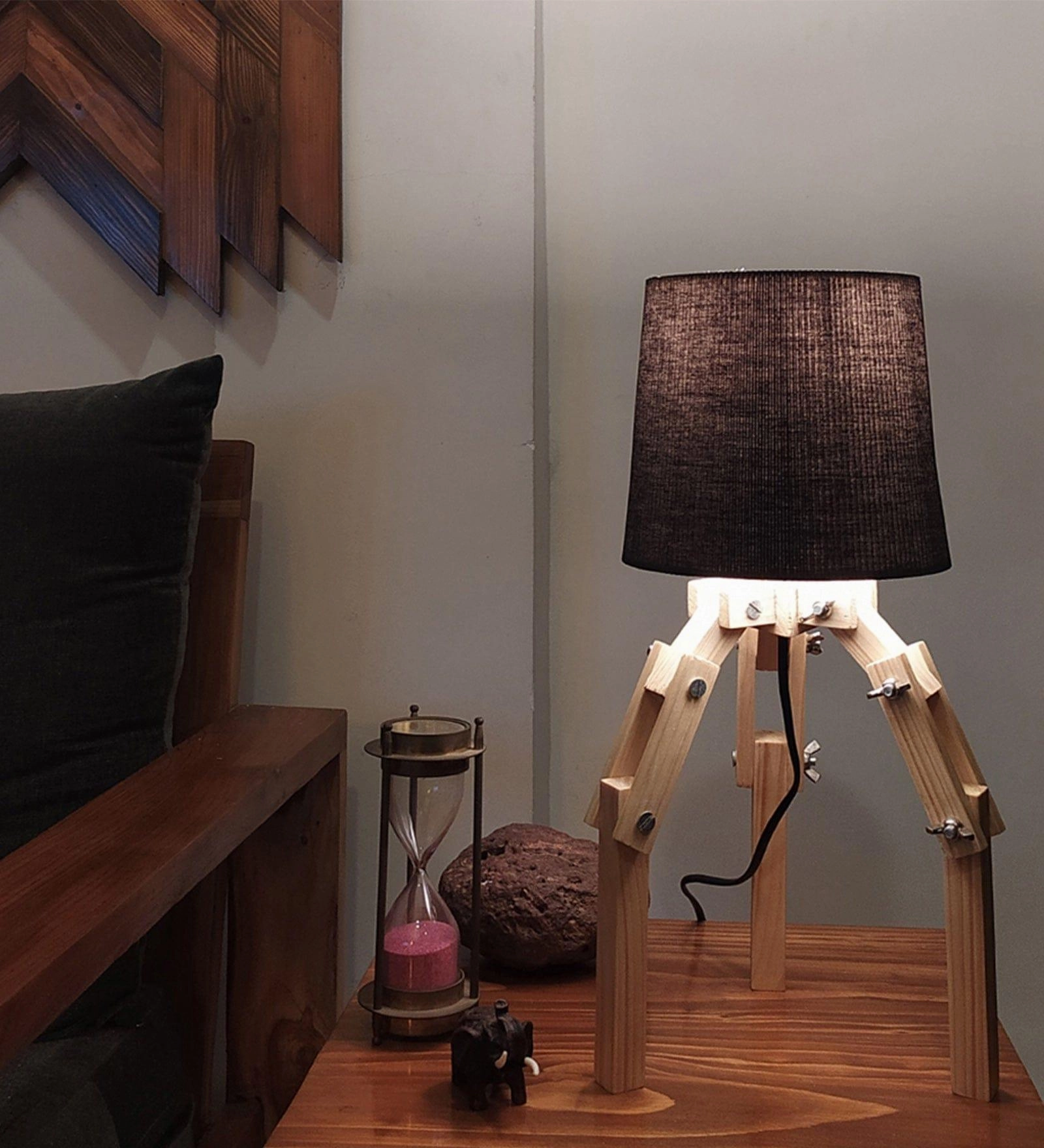 Crawler Beige Wooden Table Lamp with Black Fabric Lampshade (BULB NOT INCLUDED)
