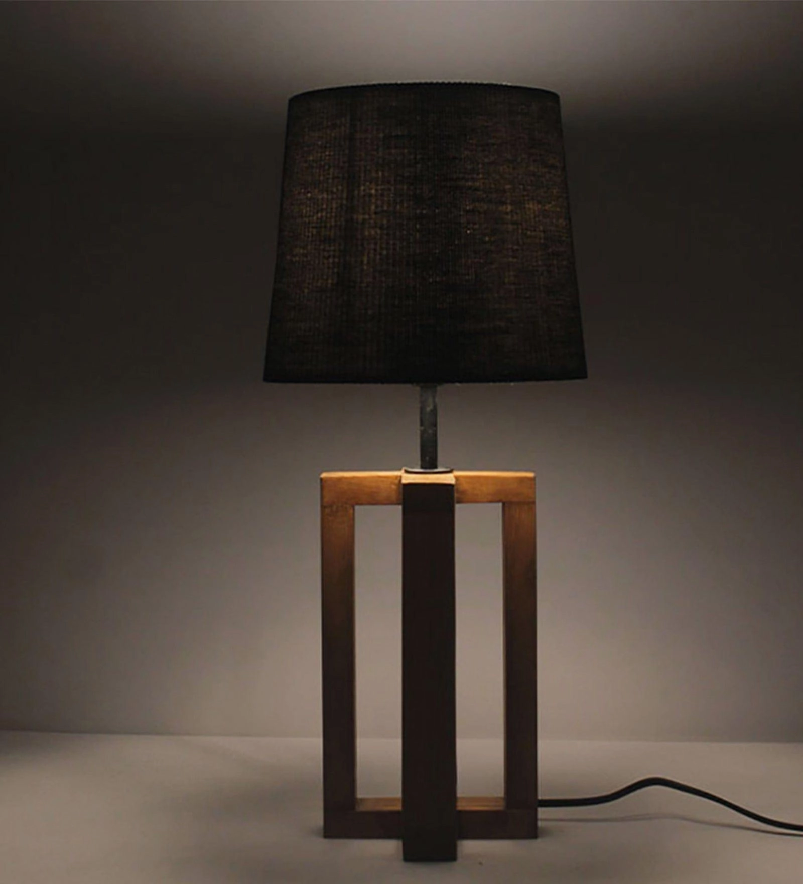 Criss Cross Brown Wooden Table Lamp with Yellow Printed Fabric Lampshade (BULB NOT INCLUDED)