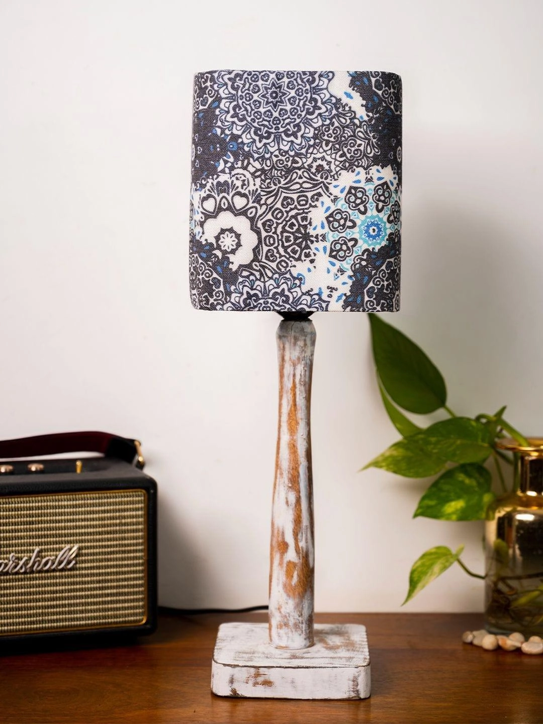 Curve Distress white Lamp with Blue batik print shade