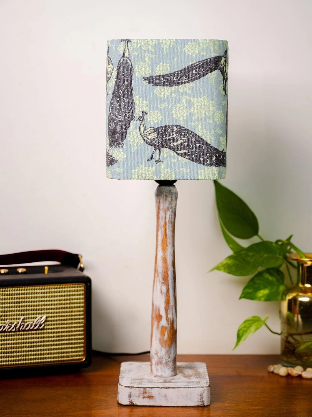 Curve Distress white Lamp with Wandering peacock shade