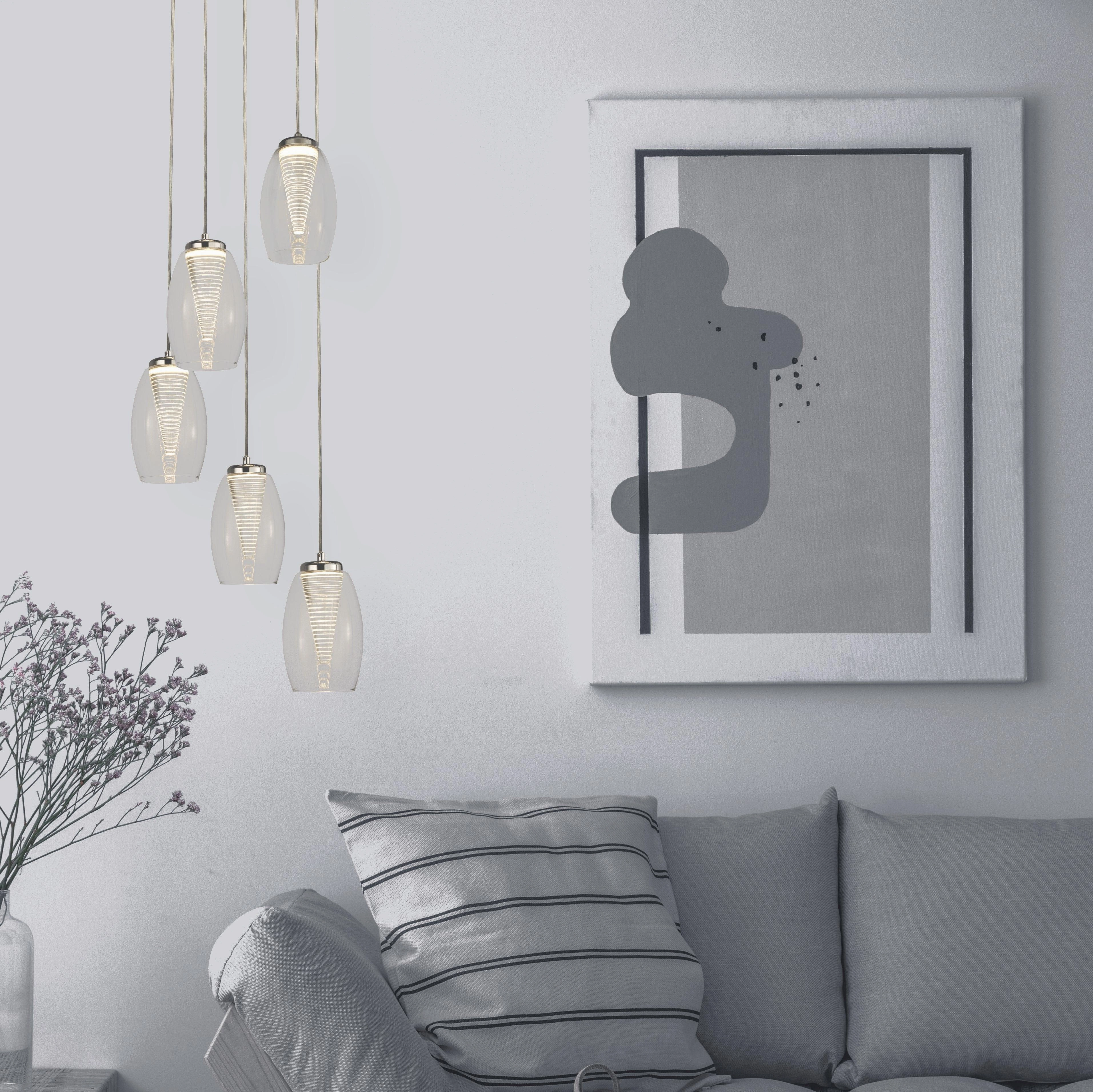 Cyclone 5 Light LED Multi-drop Pendant - Glass Shades