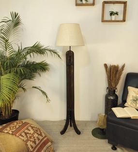 Damien Wooden Floor Lamp with Brown Base and Jute Fabric Lampshade (BULB NOT INCLUDED) garden LED light