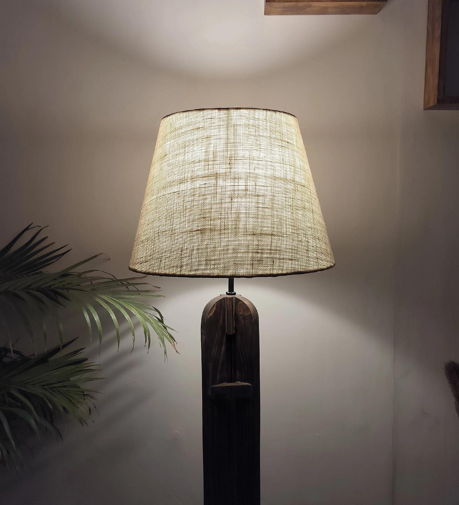 Damien Wooden Floor Lamp with Brown Base and Jute Fabric Lampshade (BULB NOT INCLUDED)
