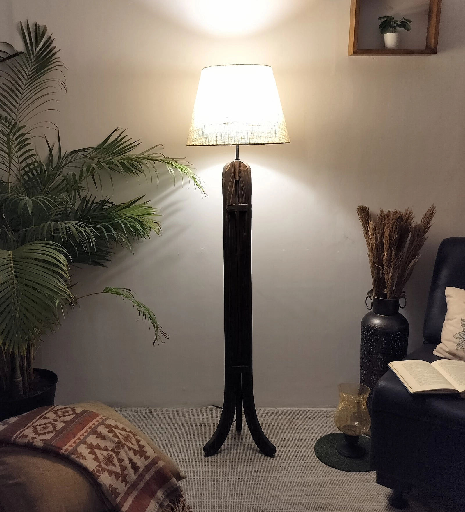 Damien Wooden Floor Lamp with Brown Base and Jute Fabric Lampshade (BULB NOT INCLUDED)