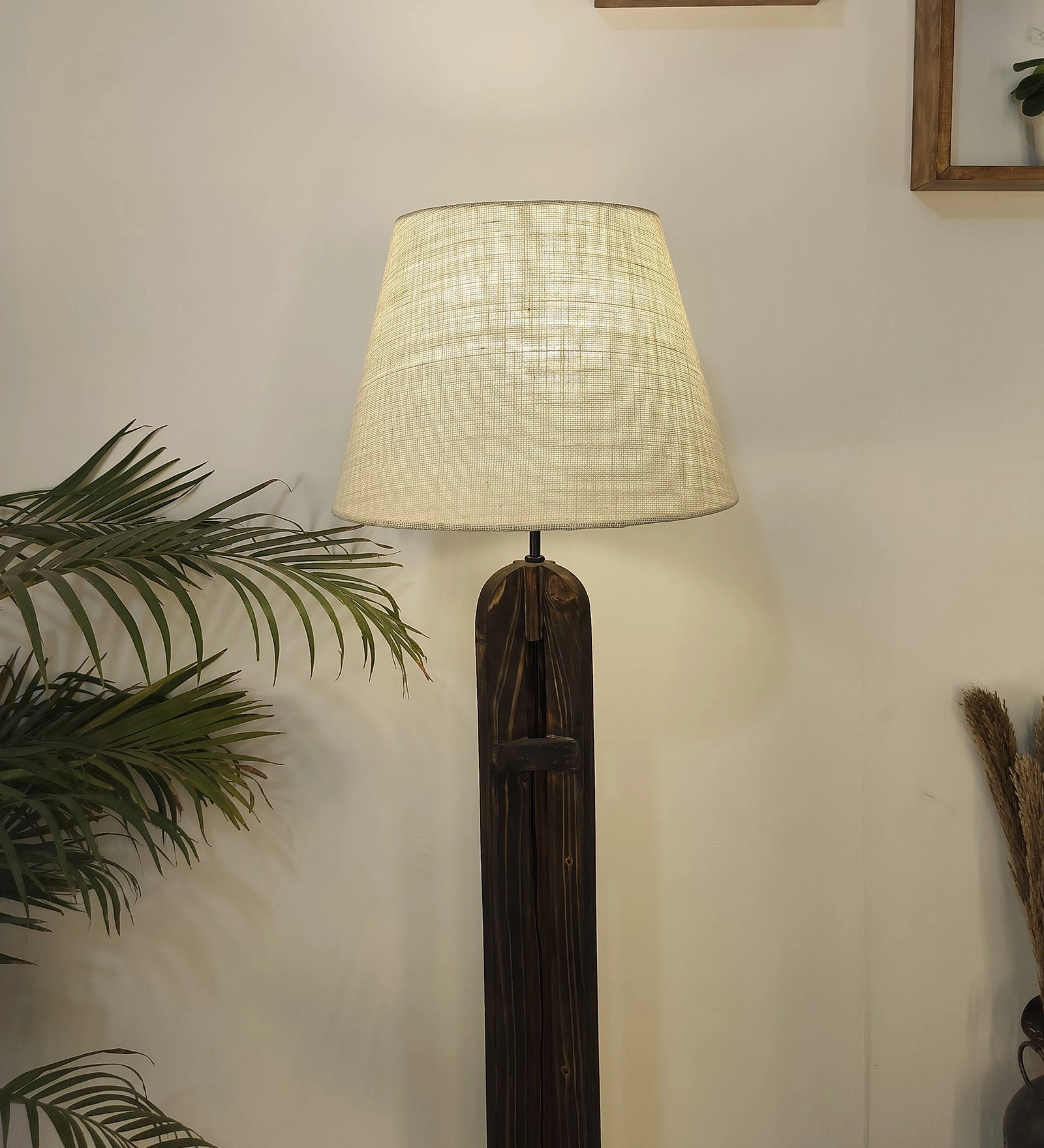 Damien Wooden Floor Lamp with Brown Base and Jute Fabric Lampshade (BULB NOT INCLUDED)