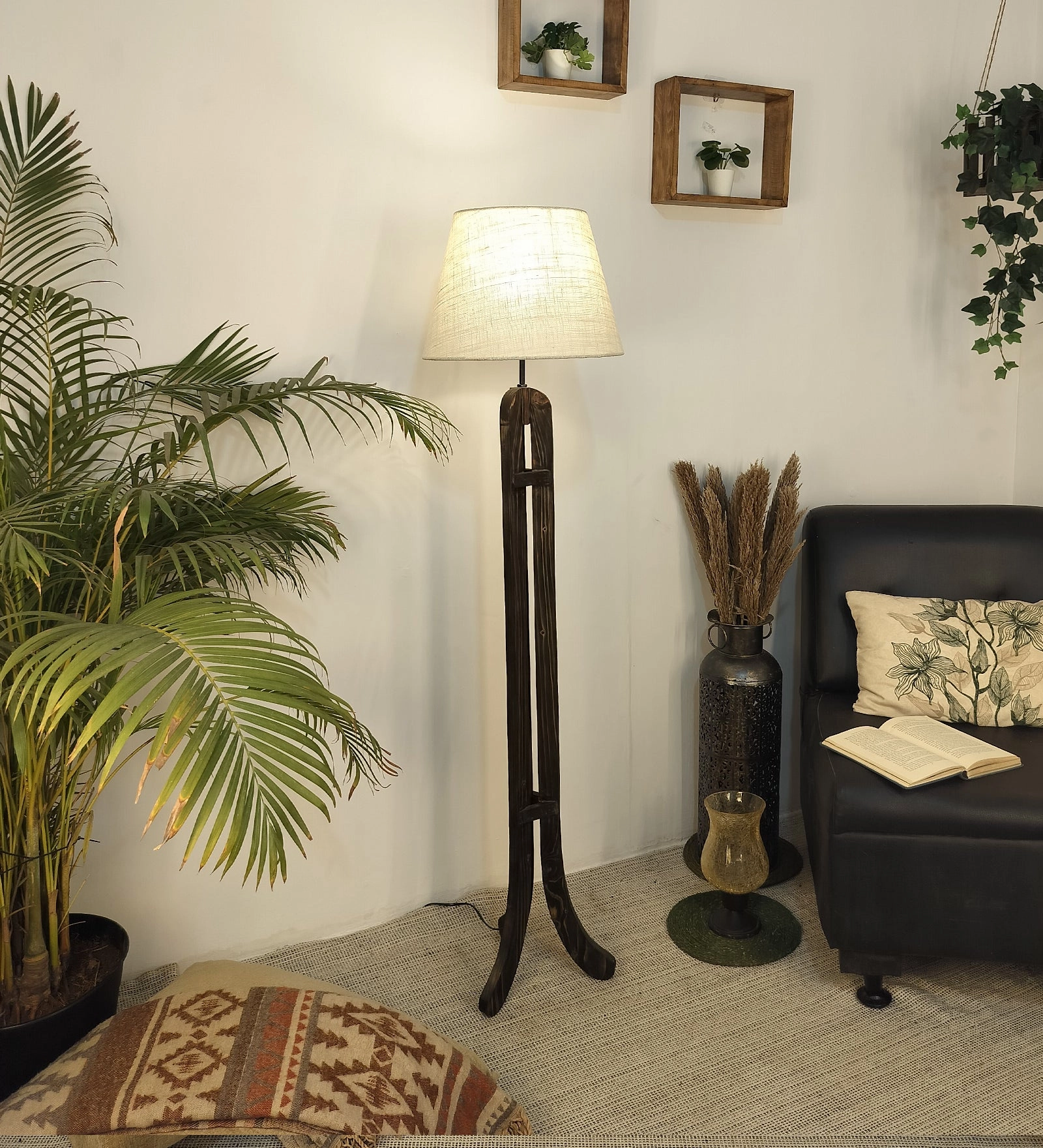 Damien Wooden Floor Lamp with Brown Base and Jute Fabric Lampshade (BULB NOT INCLUDED)