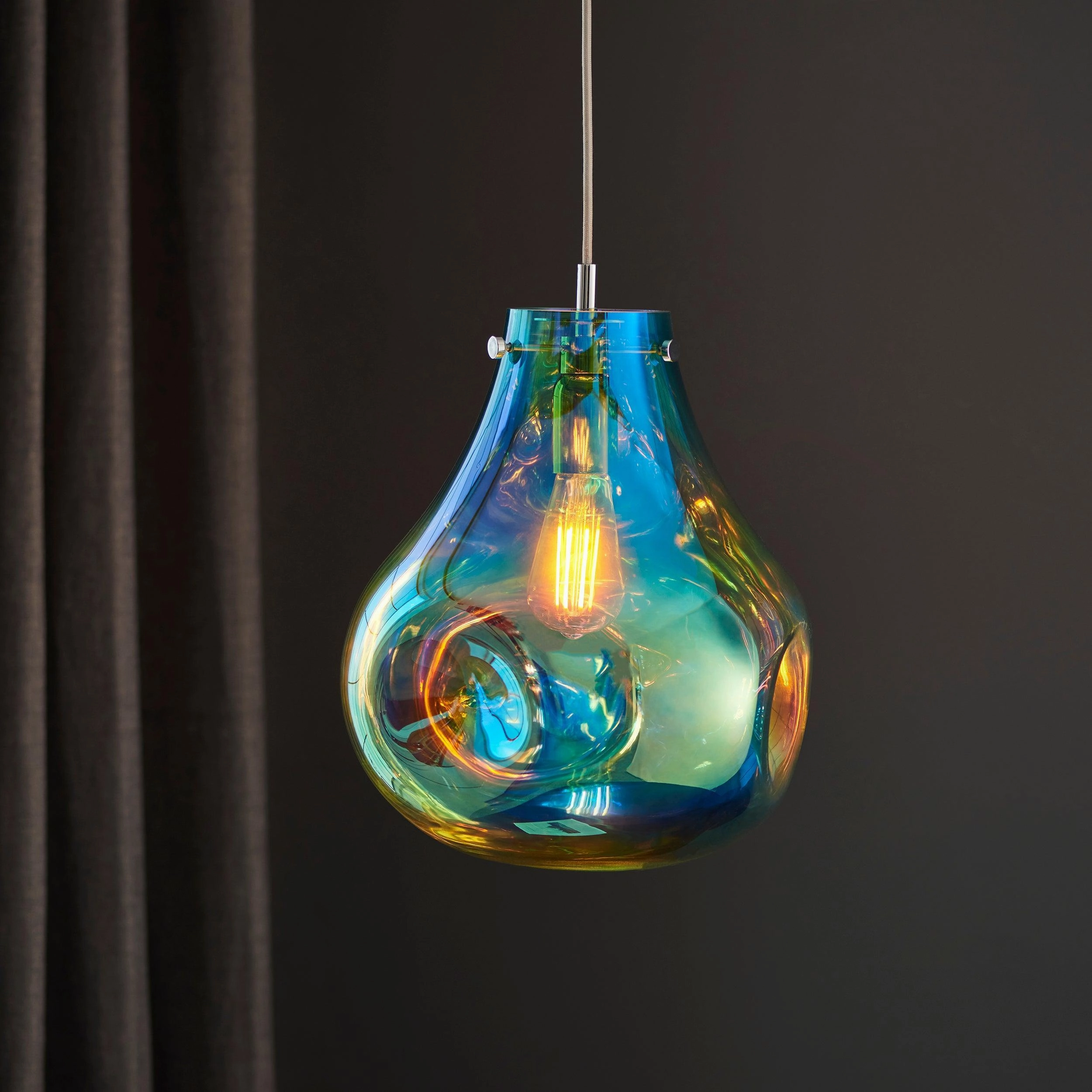 Dazzle Large Blown Petrol Glass & Chrome Pendant Light