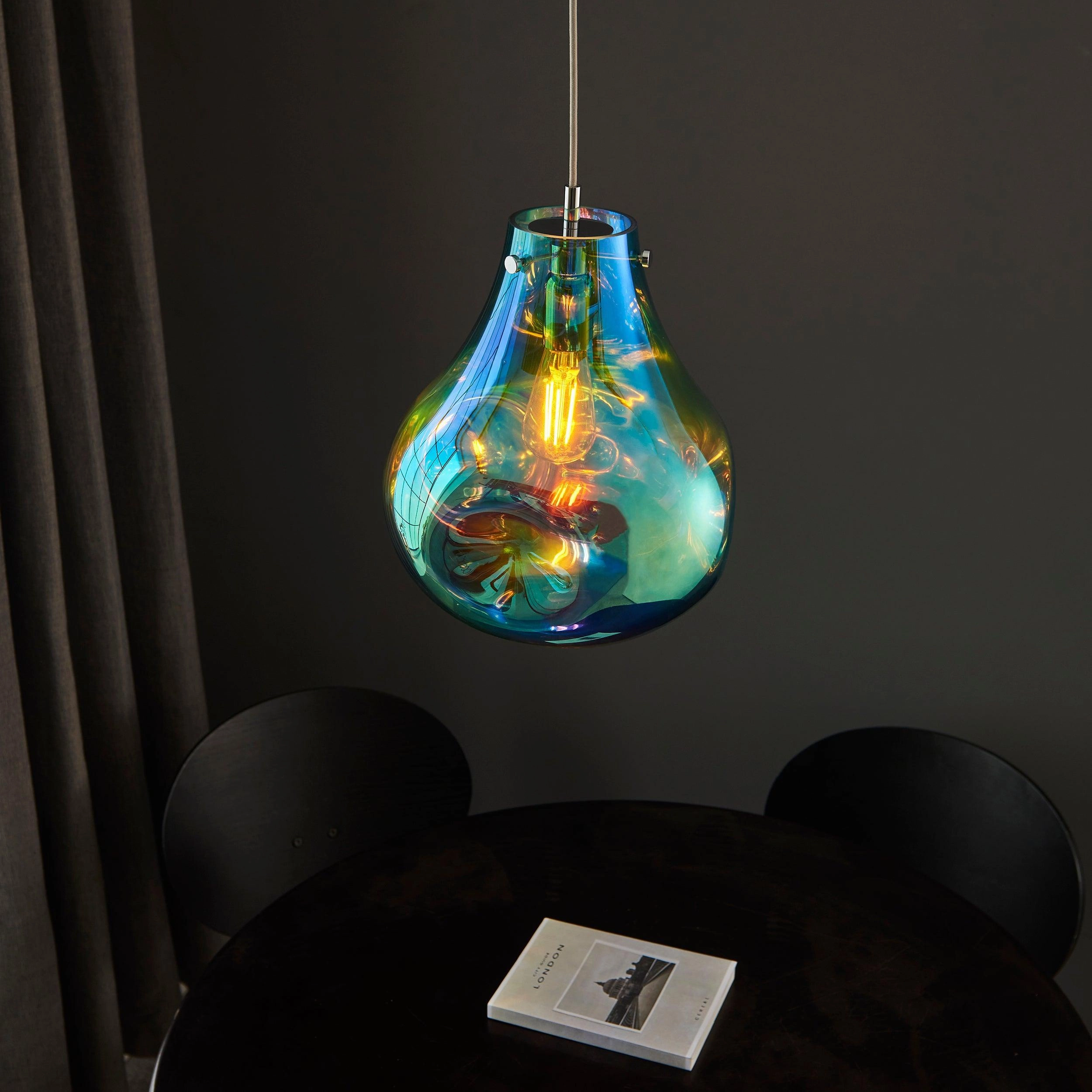 Dazzle Large Blown Petrol Glass & Chrome Pendant Light