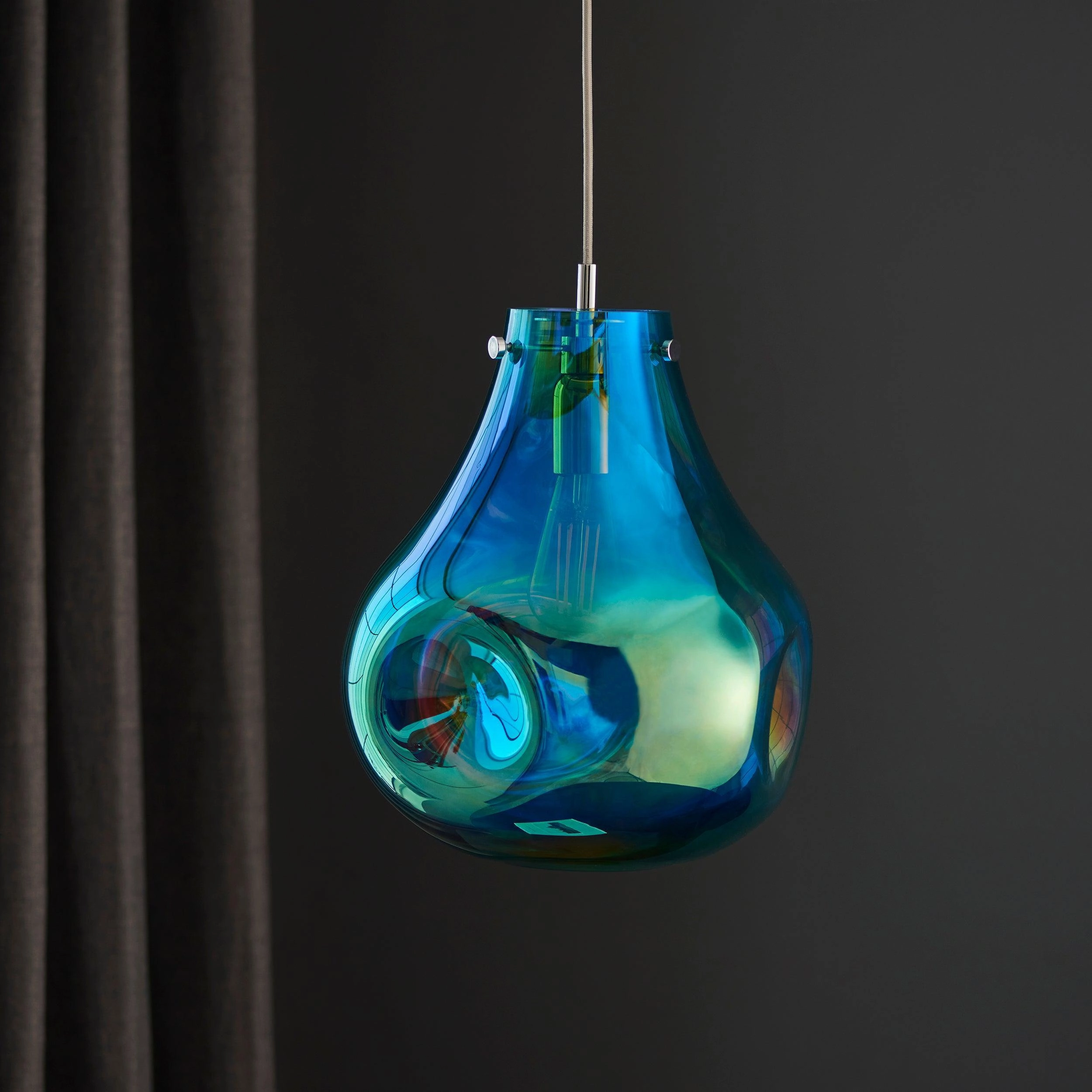 Dazzle Large Blown Petrol Glass & Chrome Pendant Light