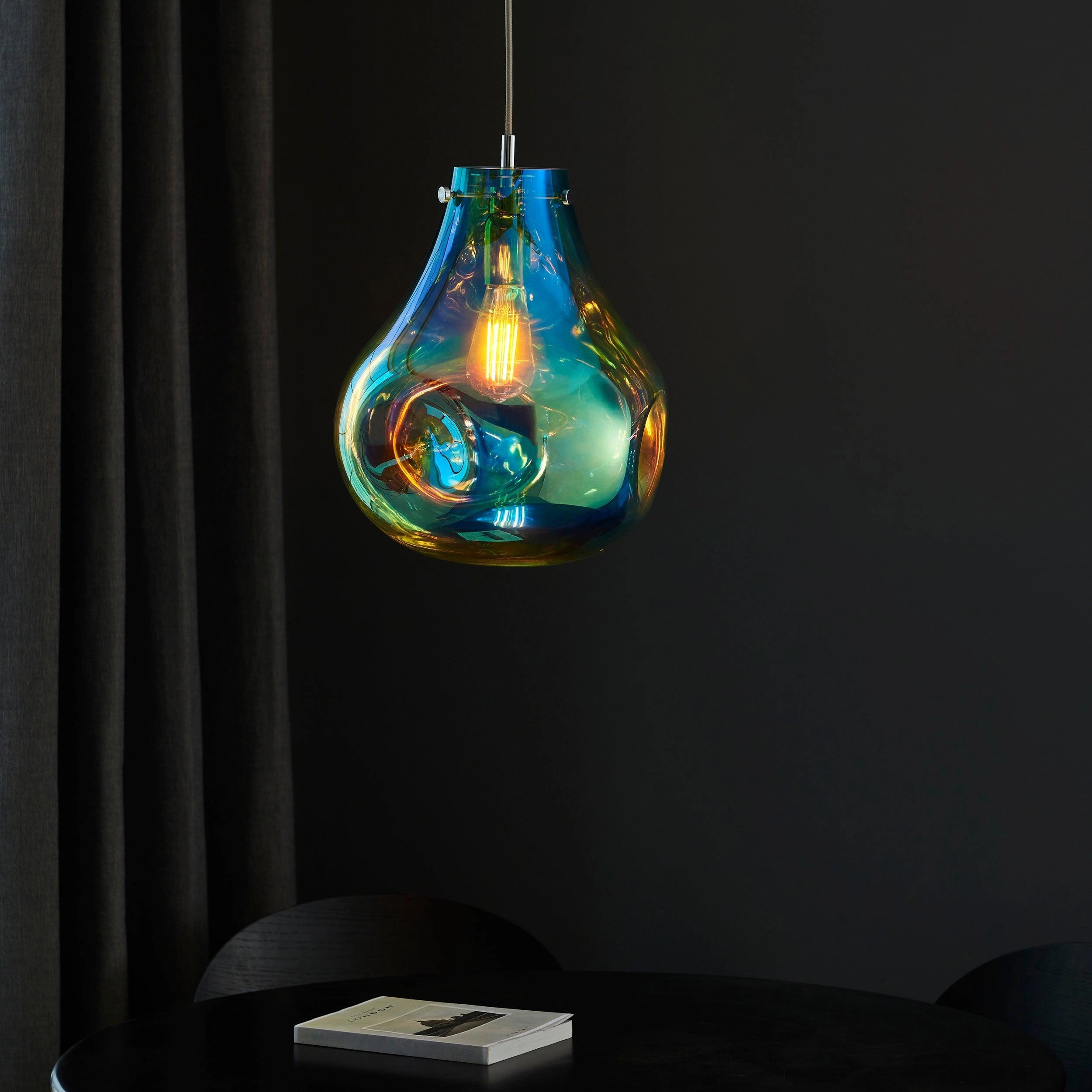 Dazzle Large Blown Petrol Glass & Chrome Pendant Light