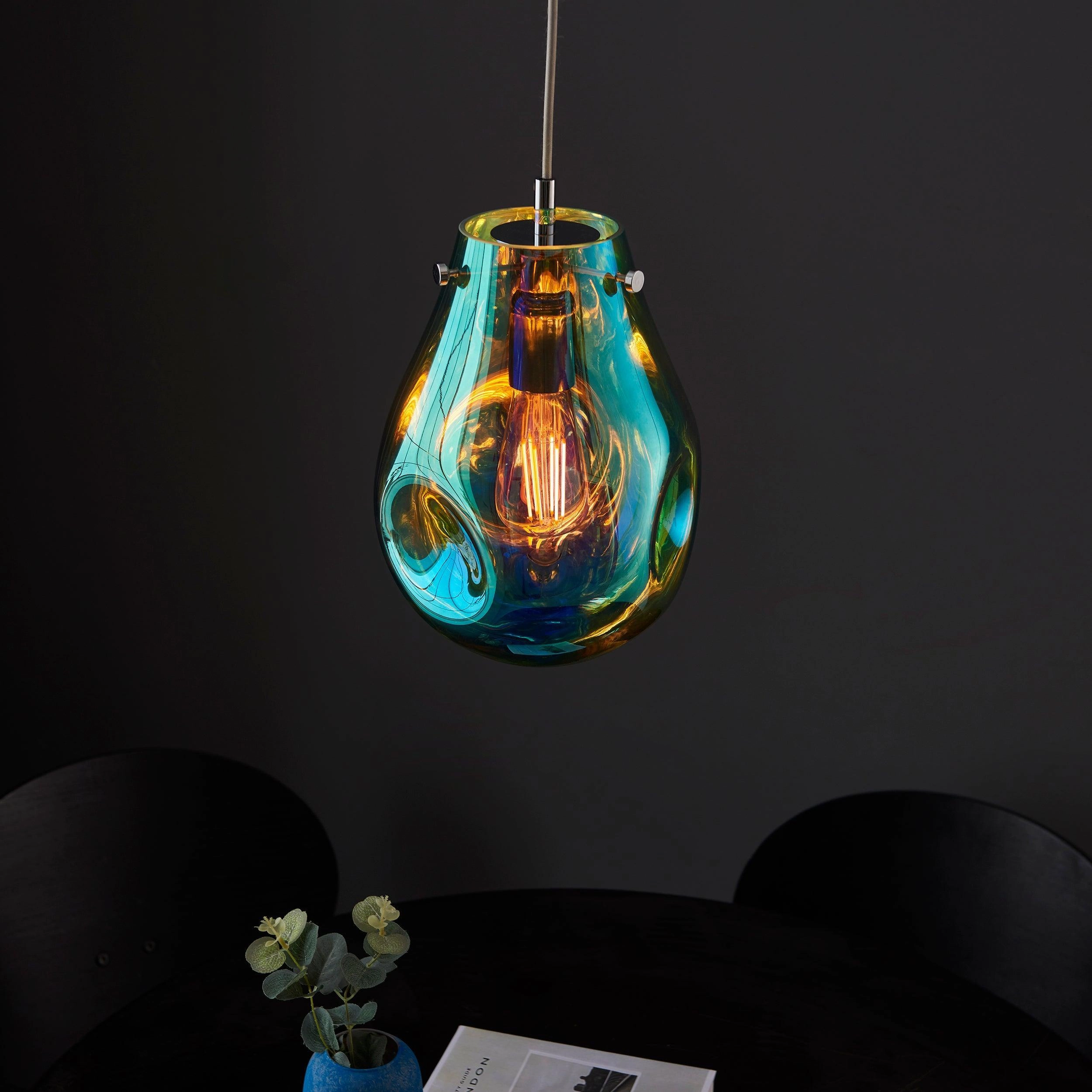 Dazzle Medium Petrol Glass & Chrome Ceiling Pendant Light