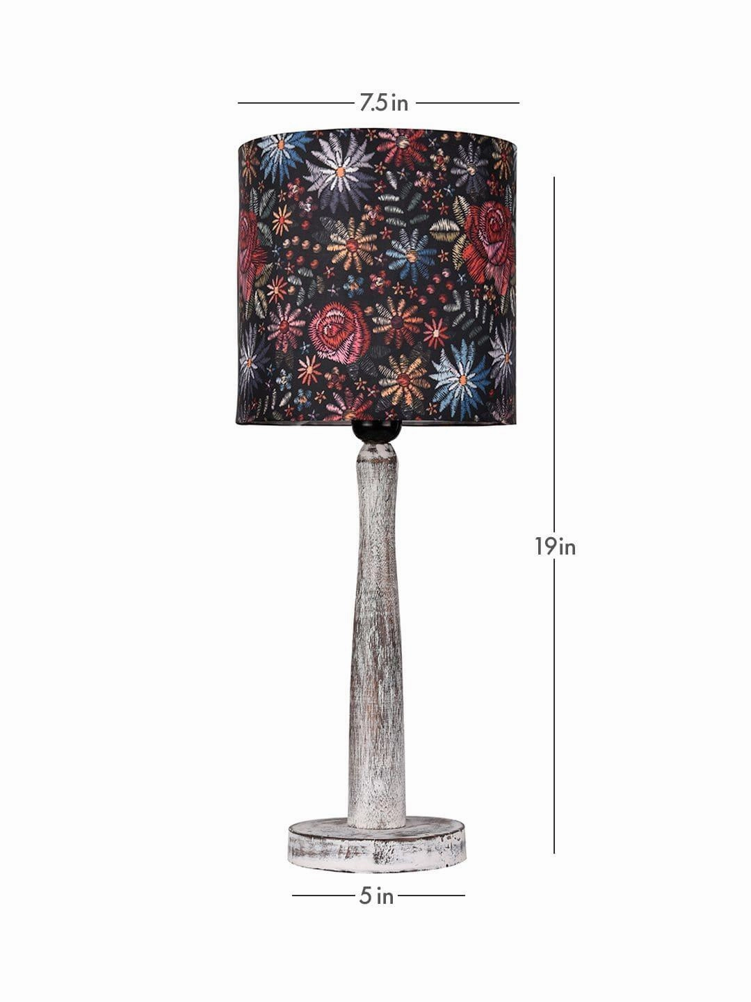 Distress White Wooden Lamp with Black Floral Stitch Shade