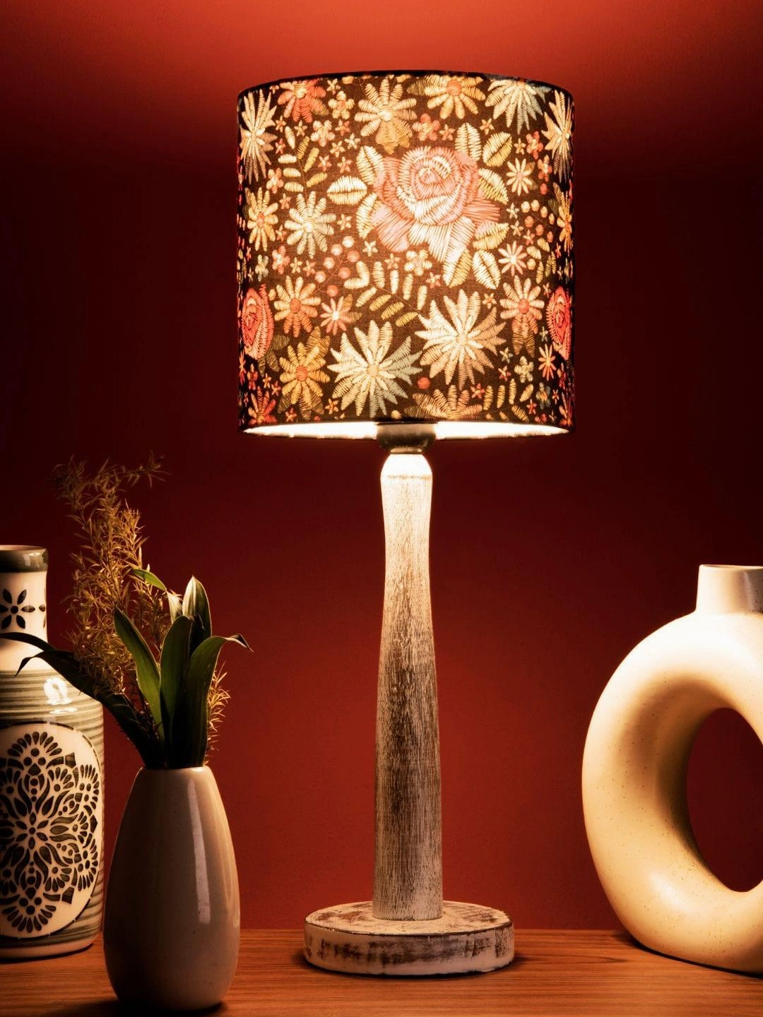 Distress White Wooden Lamp with Black Floral Stitch Shade Louis Poulsen chandelier