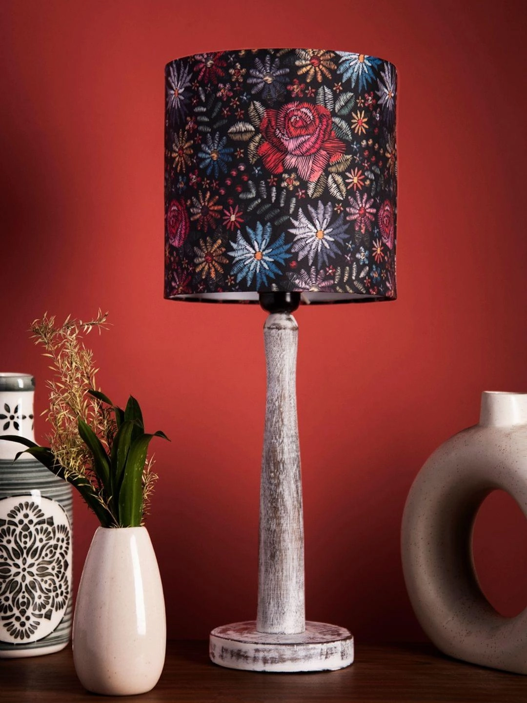 Distress White Wooden Lamp with Black Floral Stitch Shade