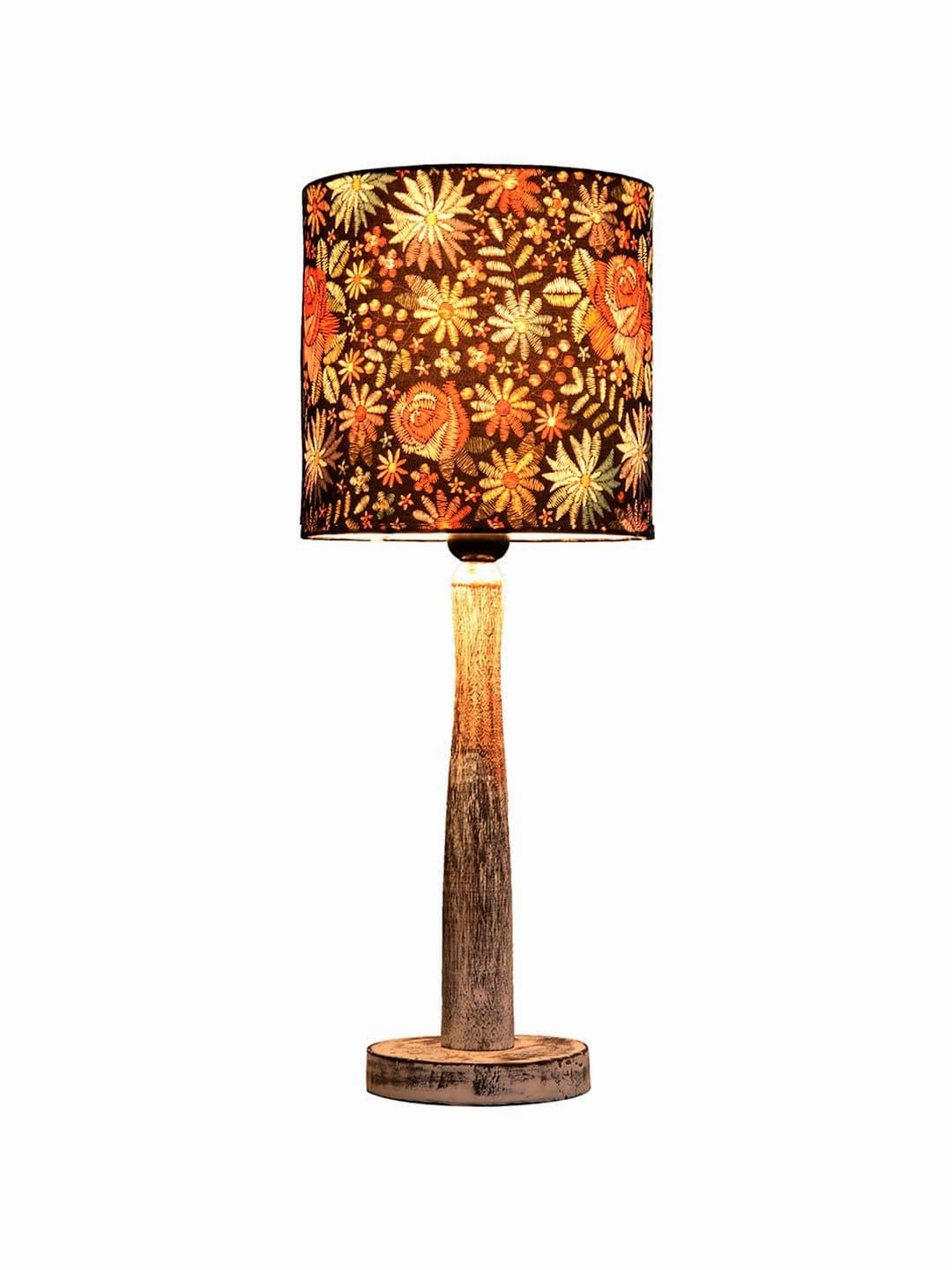 Distress White Wooden Lamp with Black Floral Stitch Shade