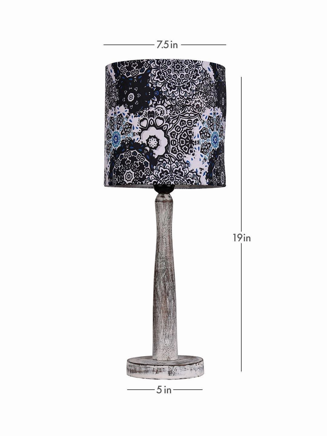 Distress White Wooden Lamp with Blue Batik Print Shade