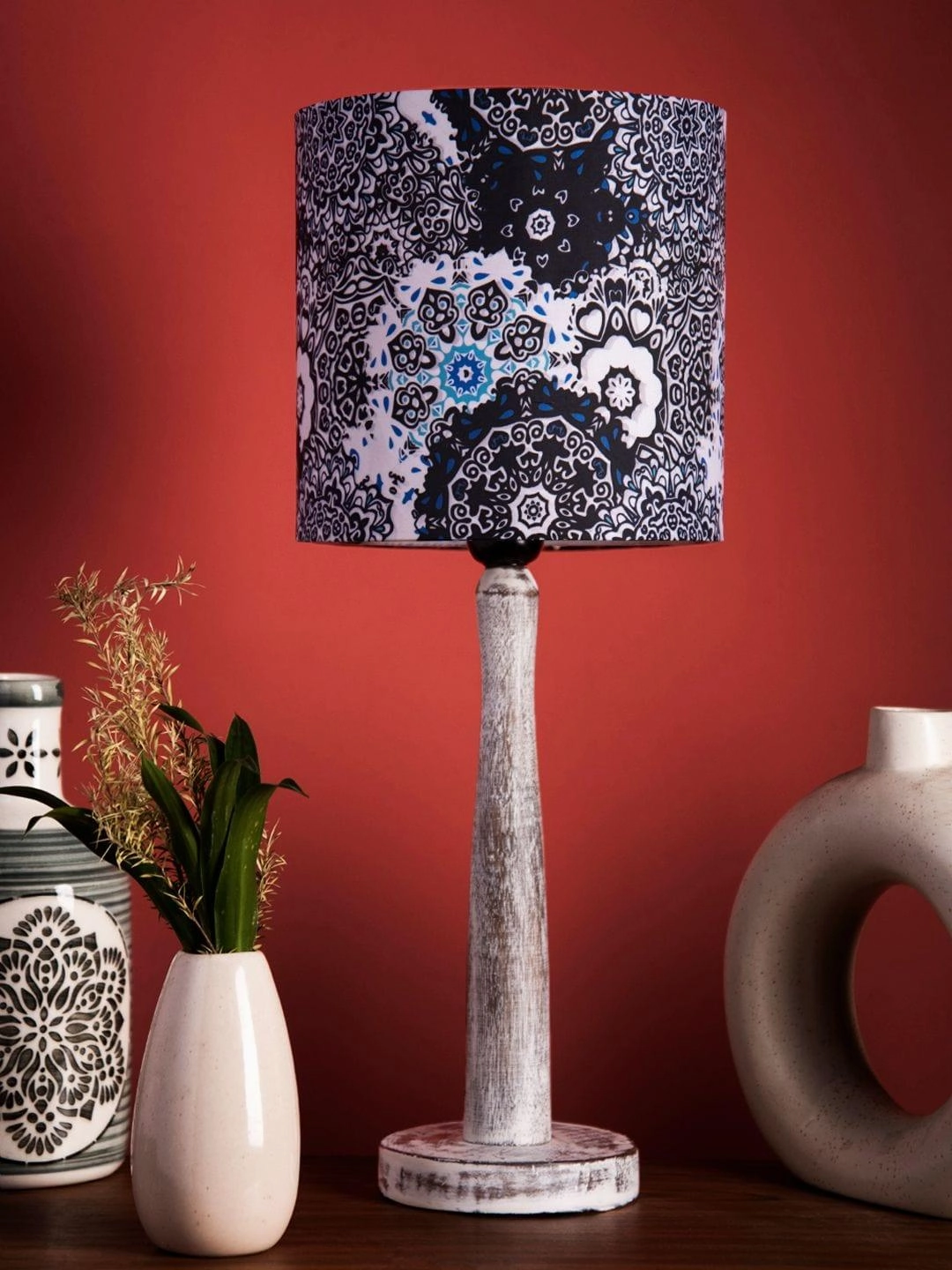 Distress White Wooden Lamp with Blue Batik Print Shade