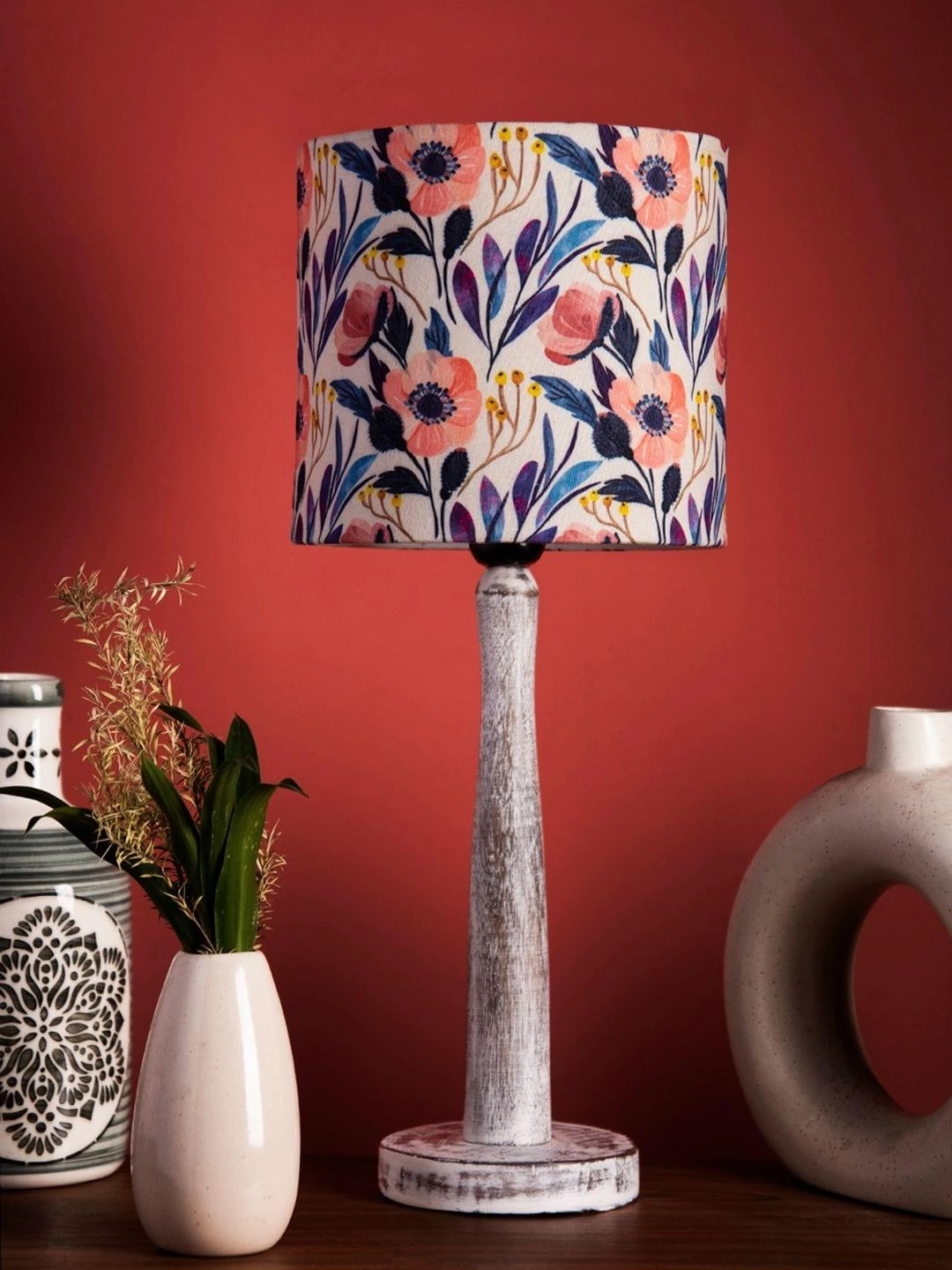 Distress White Wooden Lamp with Pink Floral Shade