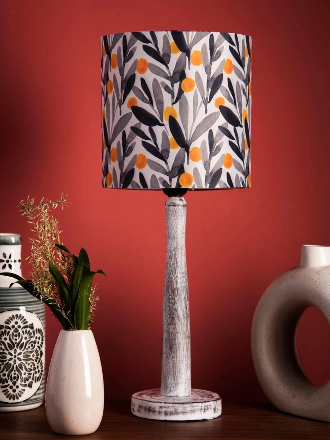 Distress White Wooden Lamp with Yellow Leaf Shade