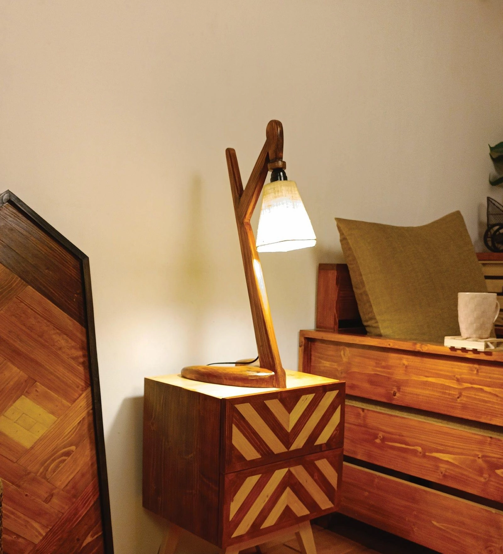 Druid Brown Wooden Table Lamp with White Jute Lampshade (BULB NOT INCLUDED)