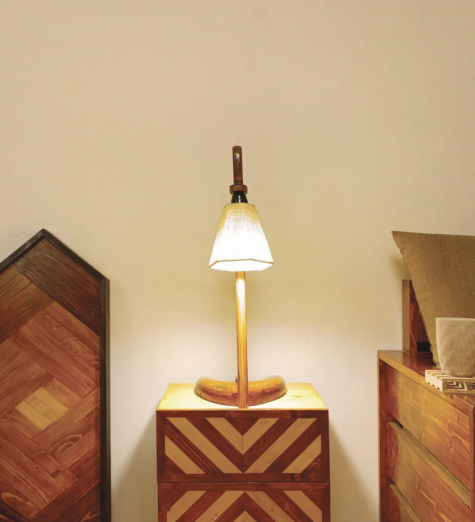 Druid Brown Wooden Table Lamp with White Jute Lampshade (BULB NOT INCLUDED)