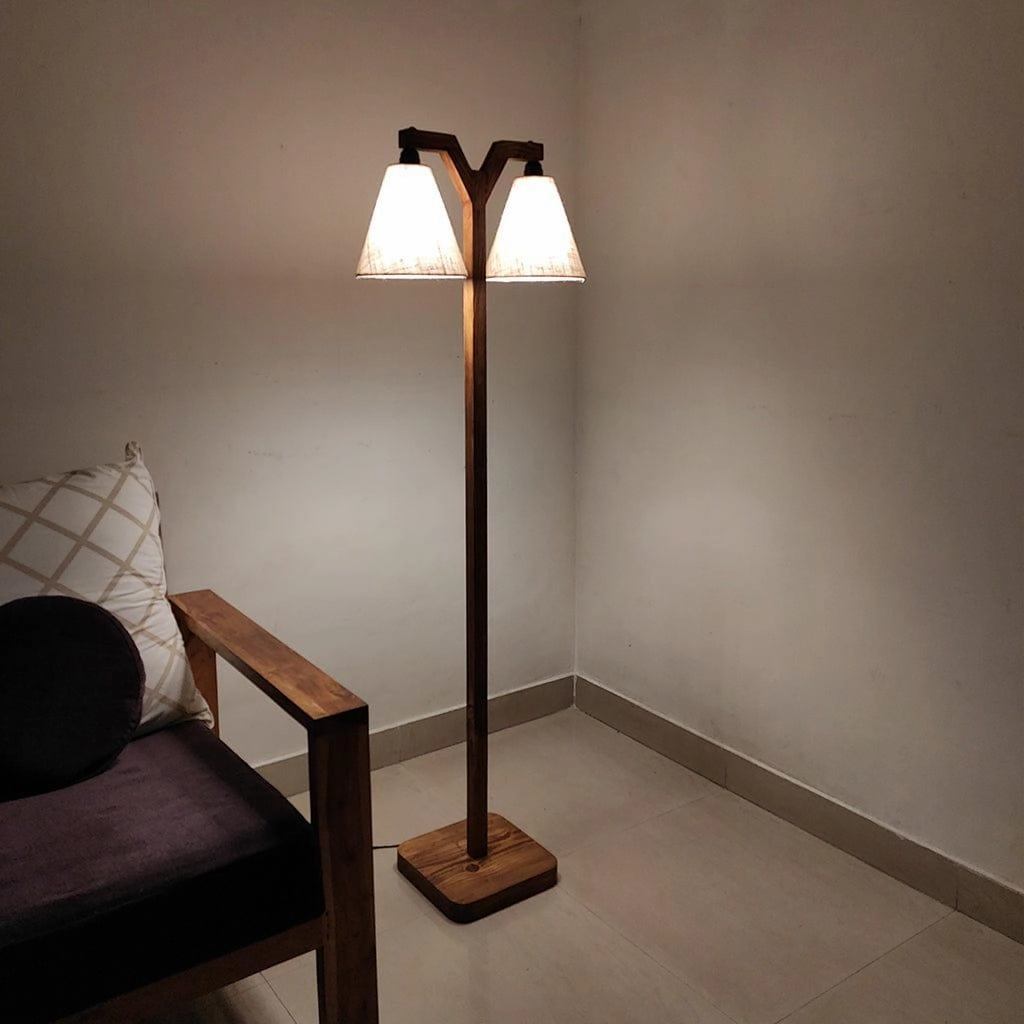 Elania Wooden Floor Lamp with Brown Base and Beige Fabric Lampshade (BULB NOT INCLUDED)