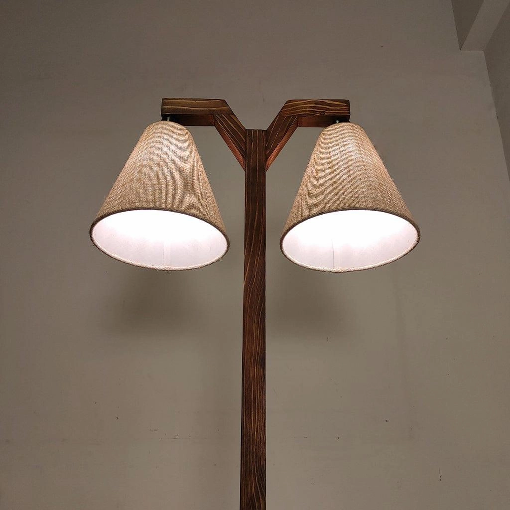 Elania Wooden Floor Lamp with Brown Base and Beige Fabric Lampshade (BULB NOT INCLUDED)