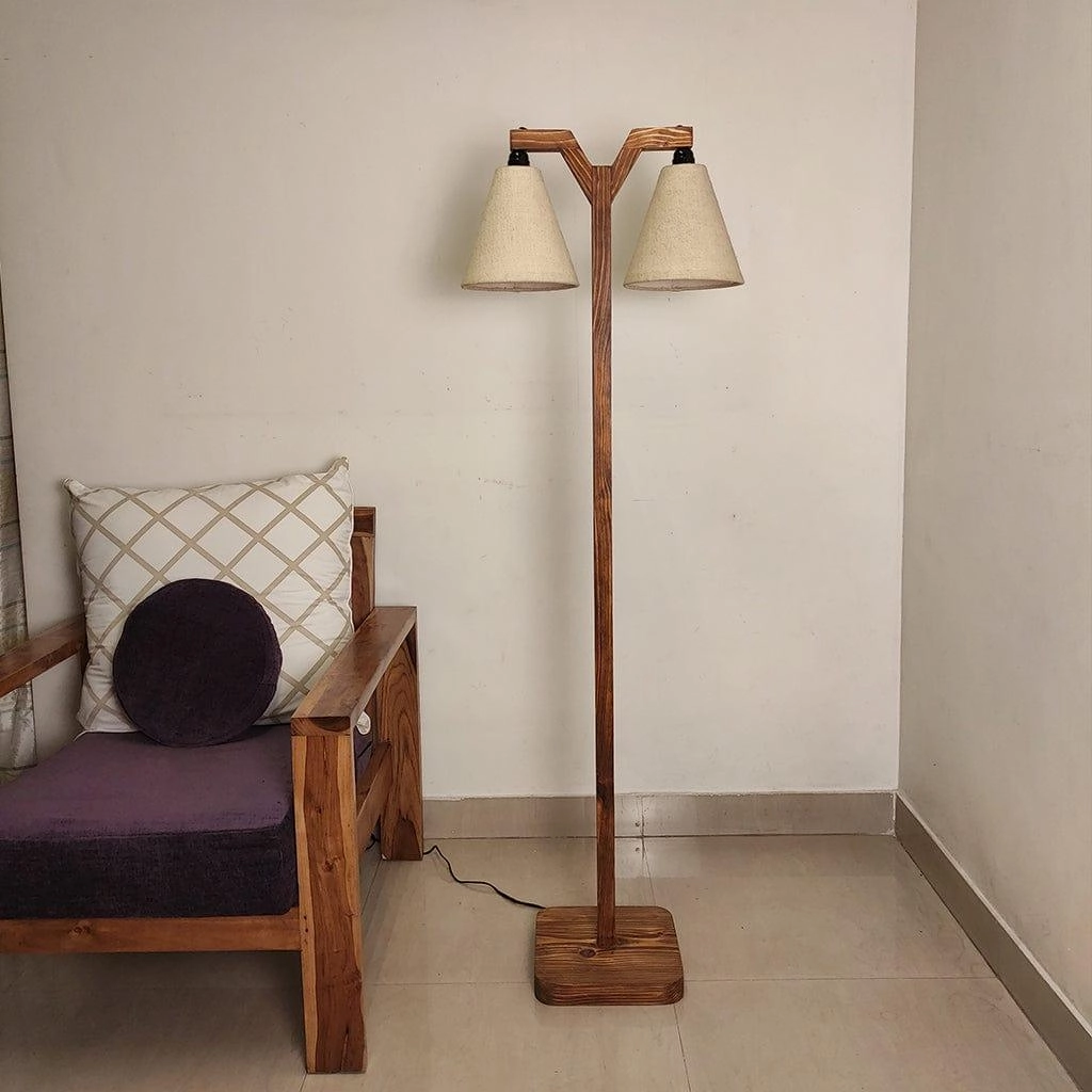 Elania Wooden Floor Lamp with Brown Base and Beige Fabric Lampshade (BULB NOT INCLUDED)