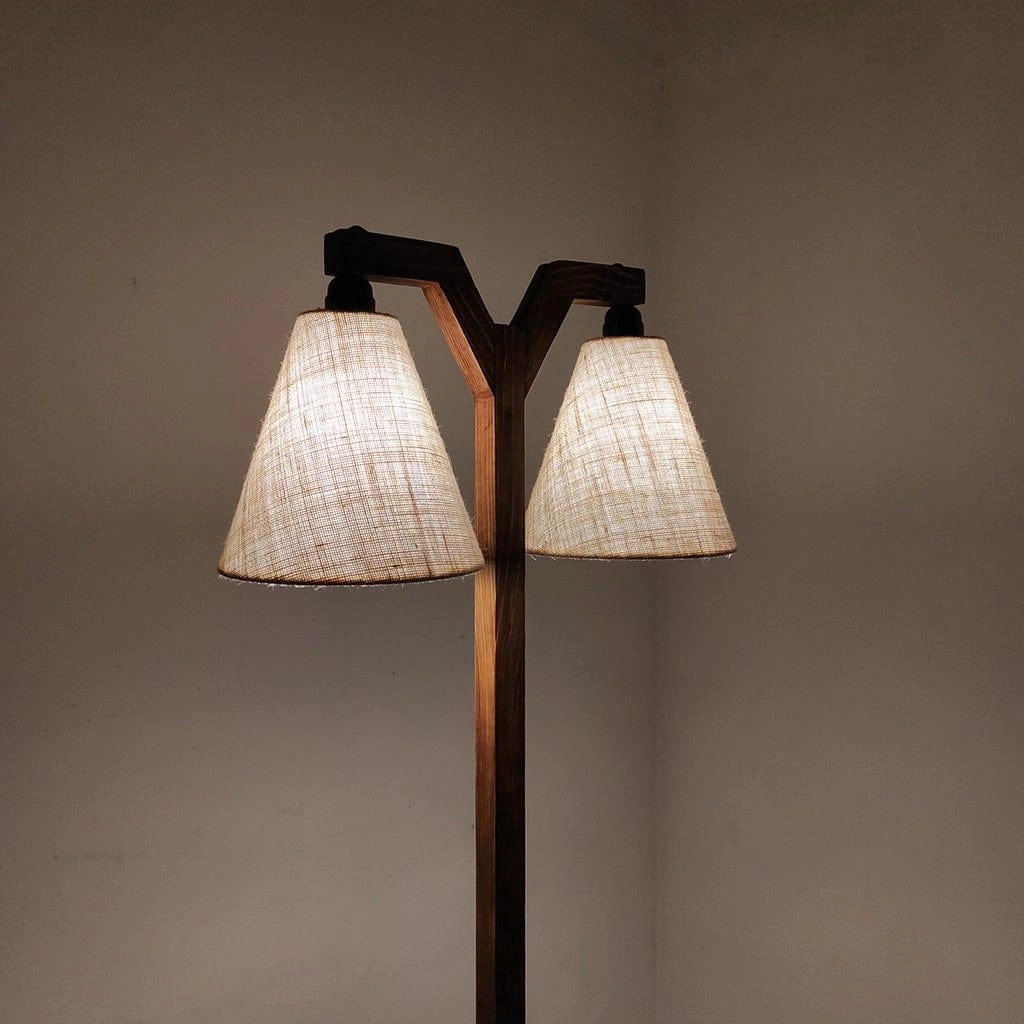 Elania Wooden Floor Lamp with Brown Base and Beige Fabric Lampshade (BULB NOT INCLUDED)
