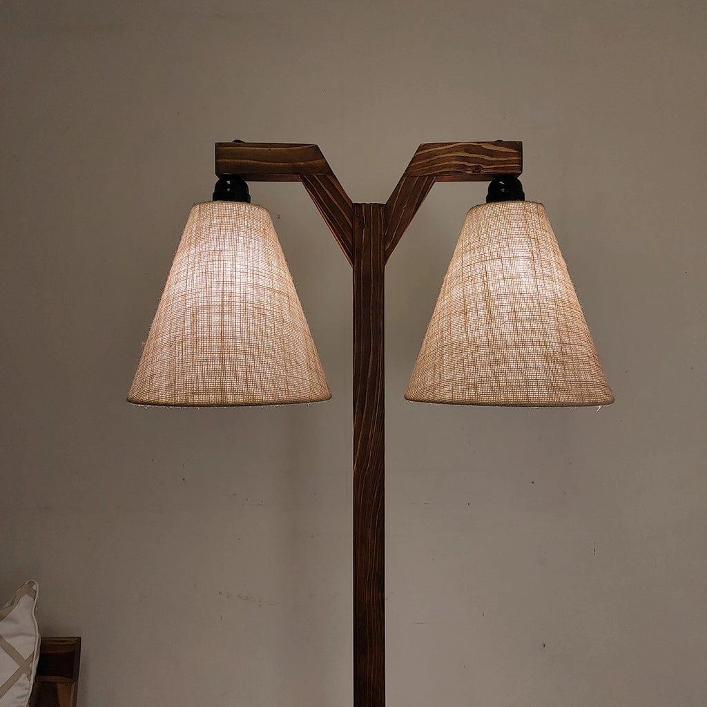 Elania Wooden Floor Lamp with Brown Base and Beige Fabric Lampshade (BULB NOT INCLUDED)