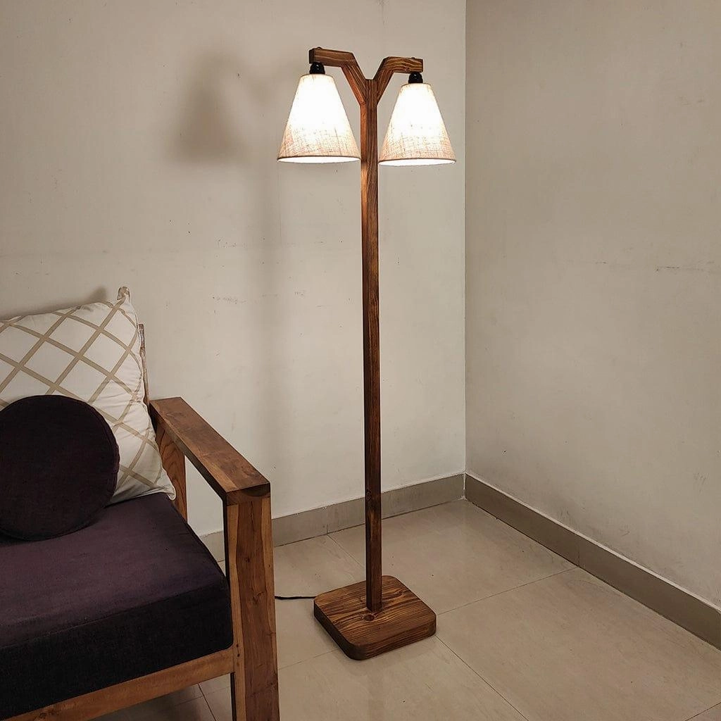 Elania Wooden Floor Lamp with Brown Base and Beige Fabric Lampshade (BULB NOT INCLUDED) garden LED light
