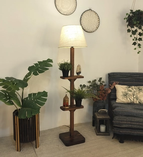 Elania Wooden Floor Lamp with Brown Base and Beige Fabric Lampshade garden LED light