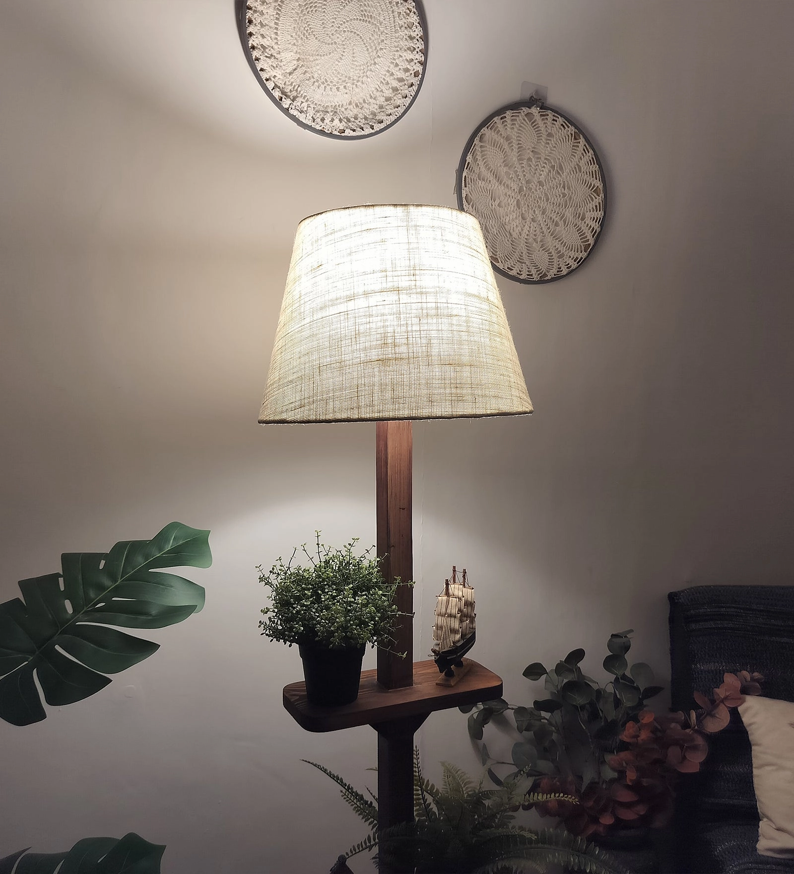 Elania Wooden Floor Lamp with Brown Base and Beige Fabric Lampshade