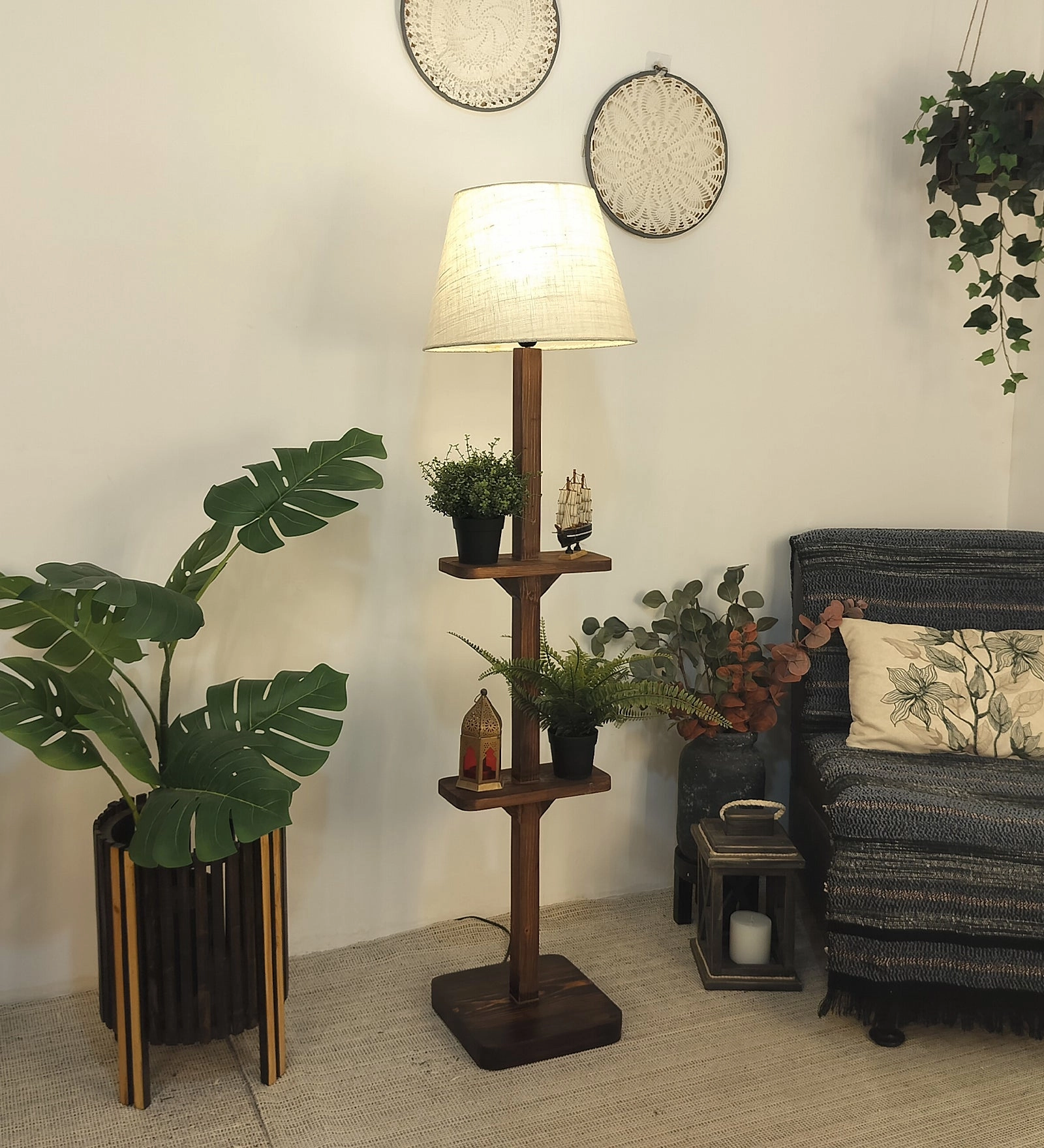 Elania Wooden Floor Lamp with Brown Base and Beige Fabric Lampshade garden LED light