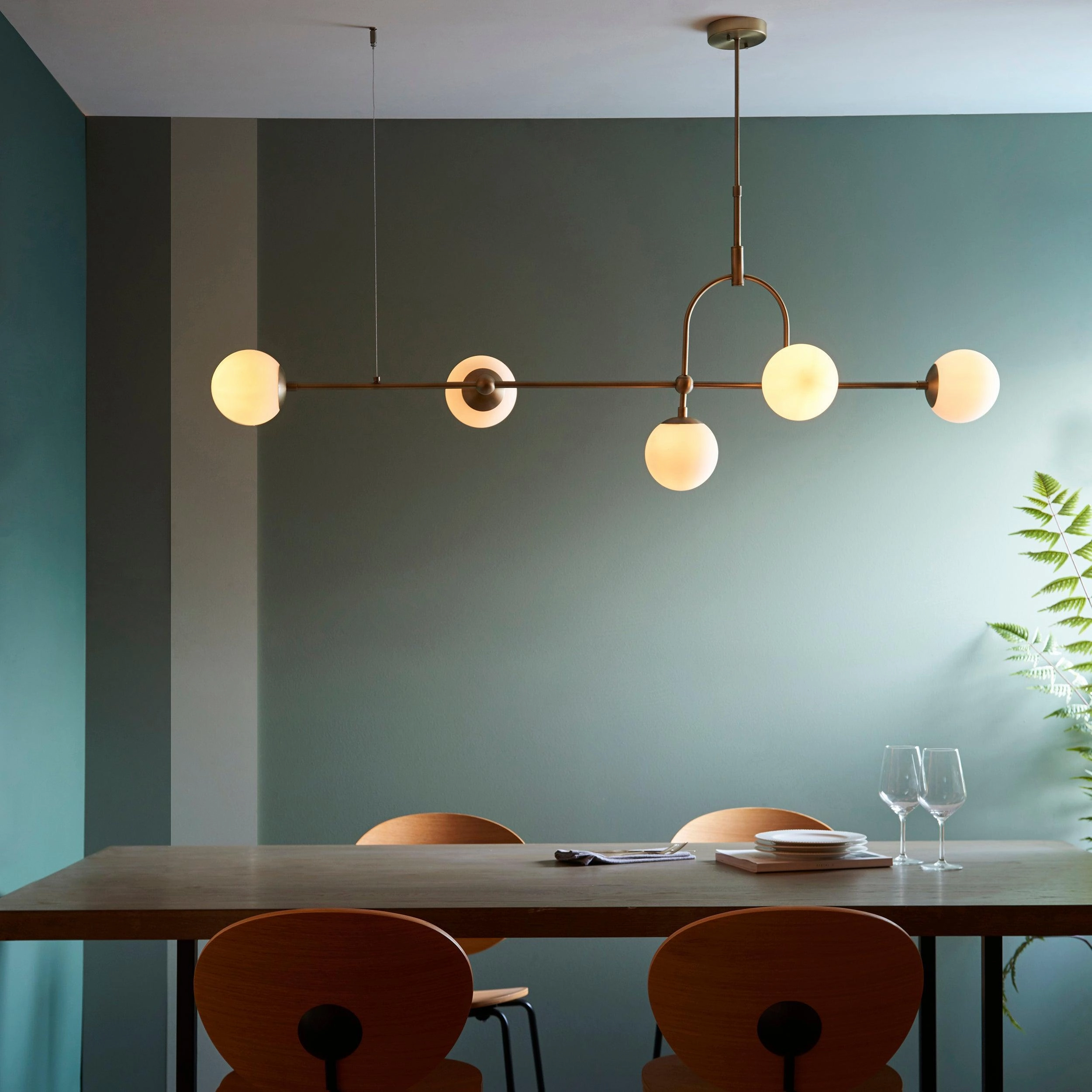 Eldorado 5 Light Brass Art Deco Pendant - Opal Glass Shades
